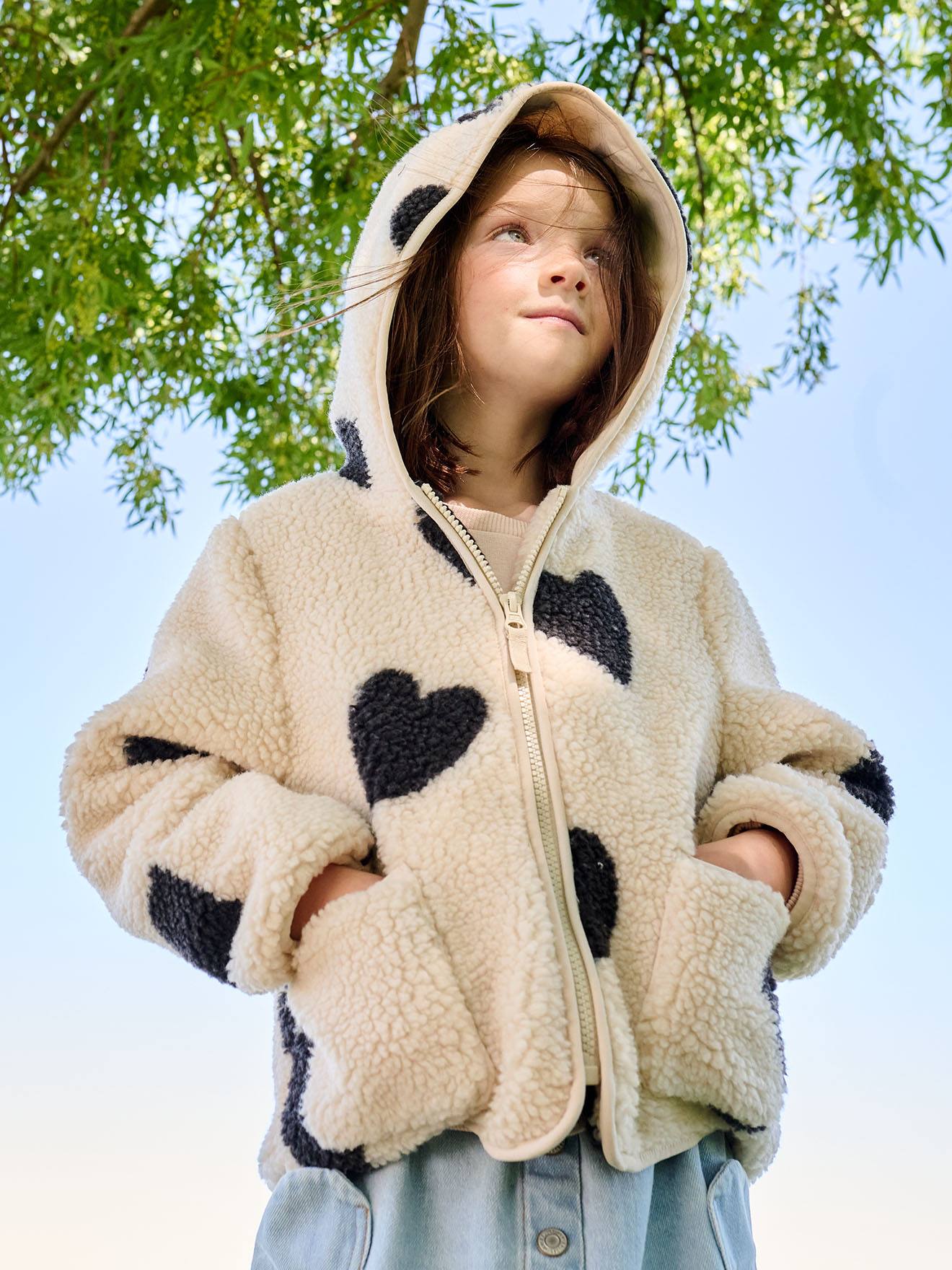 Sherpa vest met capuchon en bloemenprint voor meisjes ecru