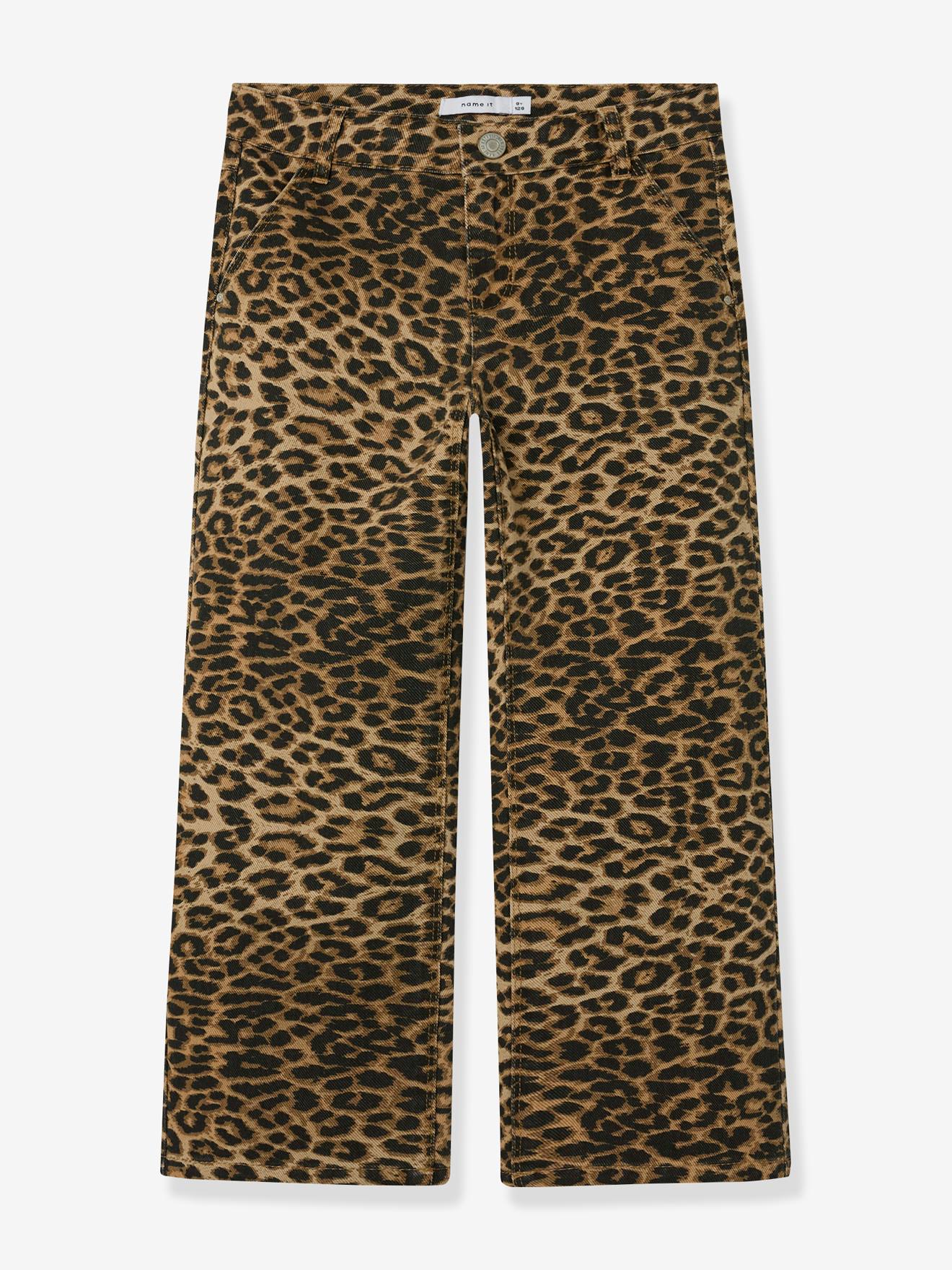 Wijde broek in keperstof met luipaardmotief voor meisjes NAME IT donkerbruin