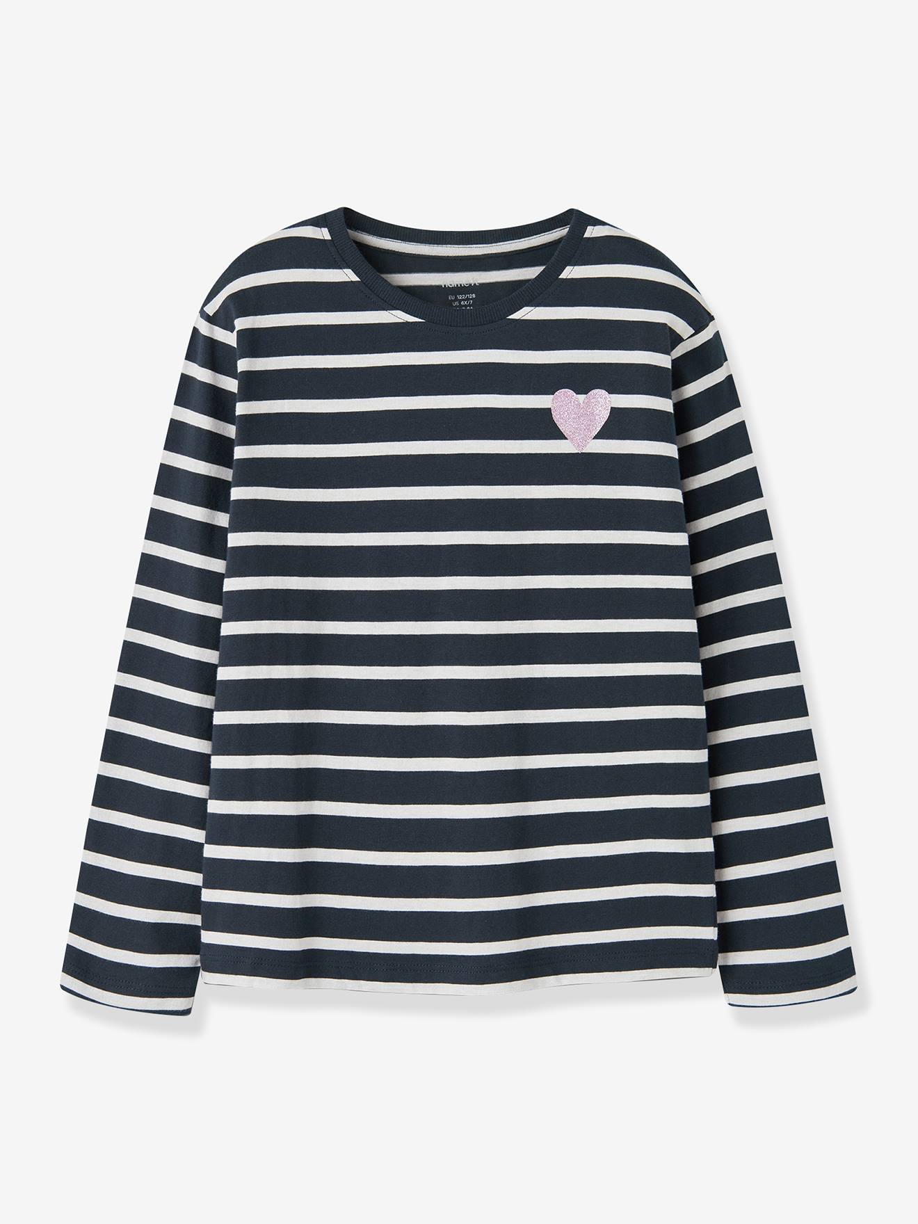 Gestreepte t-shirt voor meisjes NAME IT Boxy-Fit met paillettenhart nachtblauw