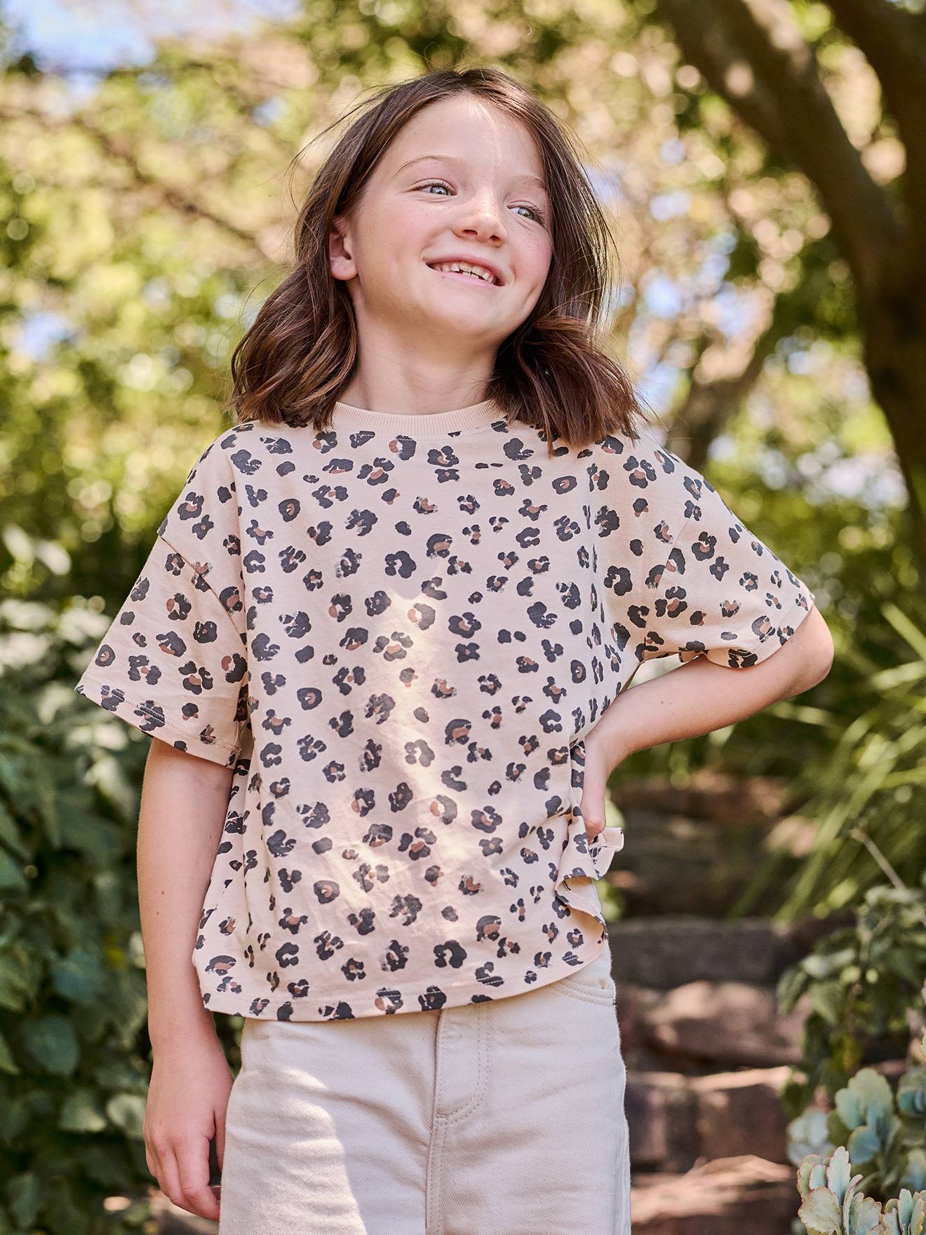 Bedrukt meisjesshirt met korte mouwen zandbeige