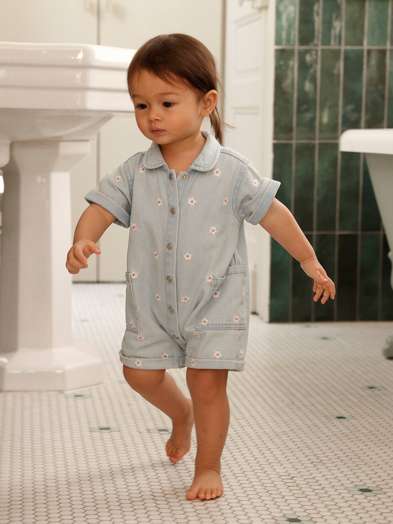 Denim combishort babymeisjes gebleekt denim