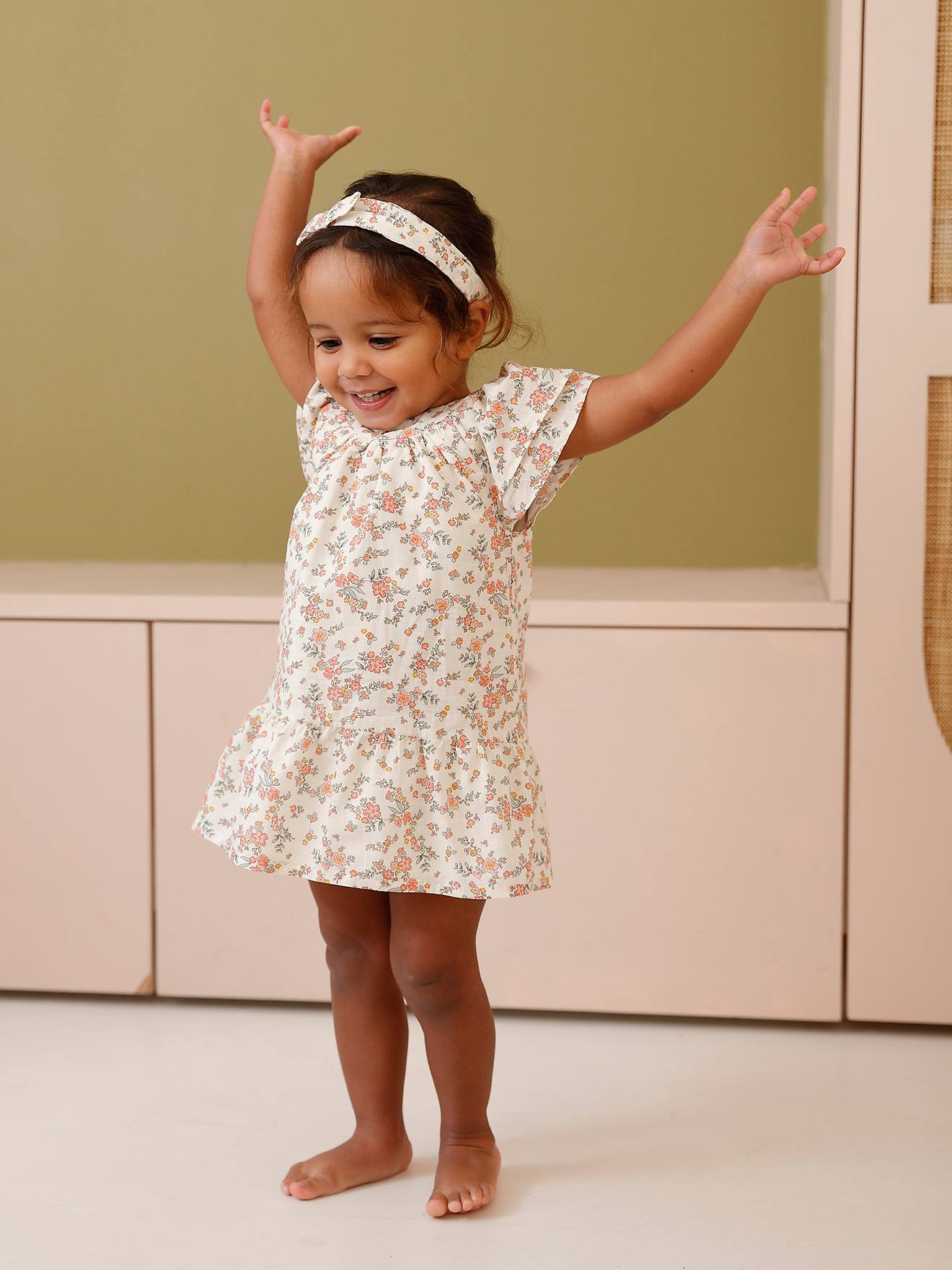 Babyset met jurk slip en haarband ecru