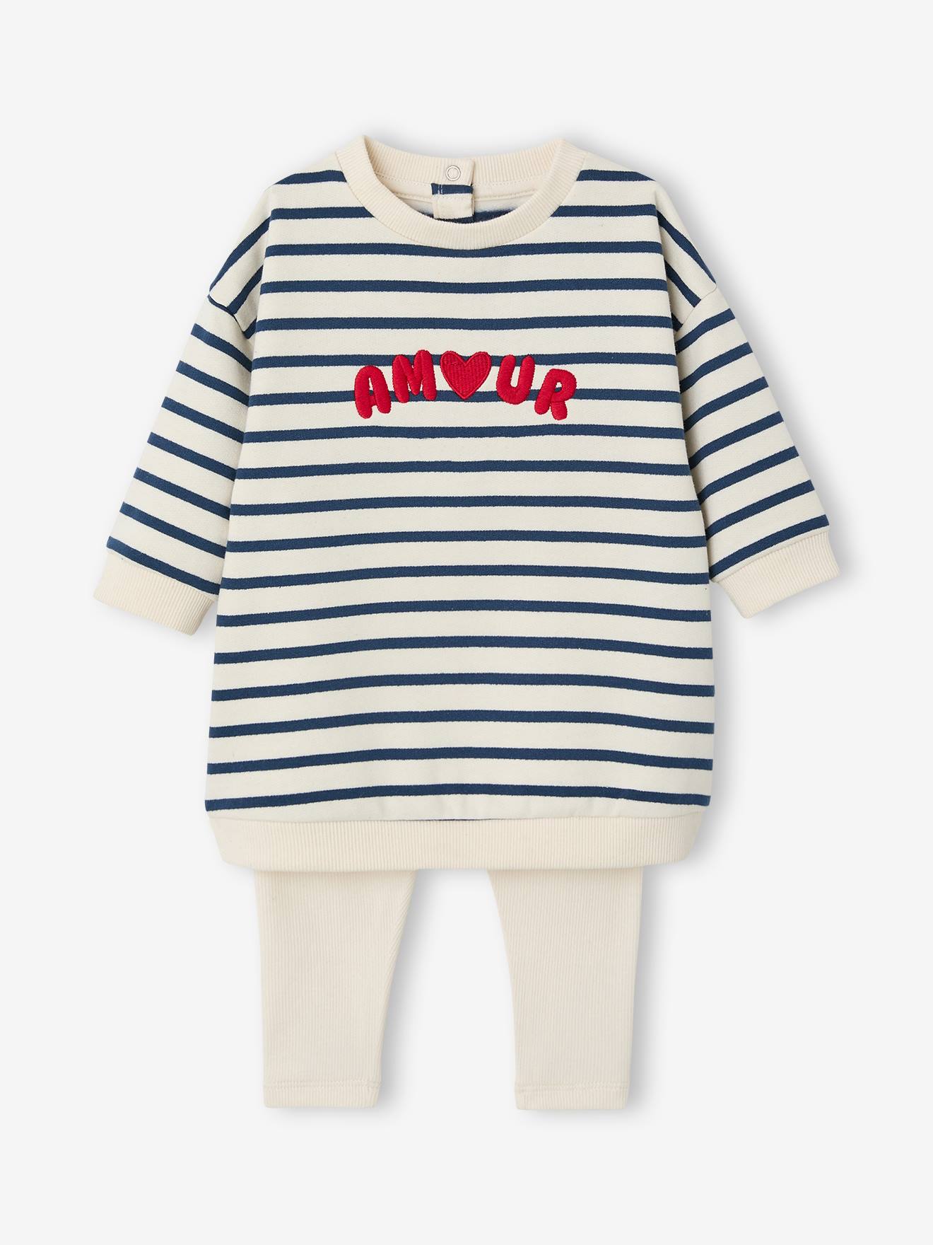 Babyset met jurk en legging personaliseerbaar marineblauw, gestreept