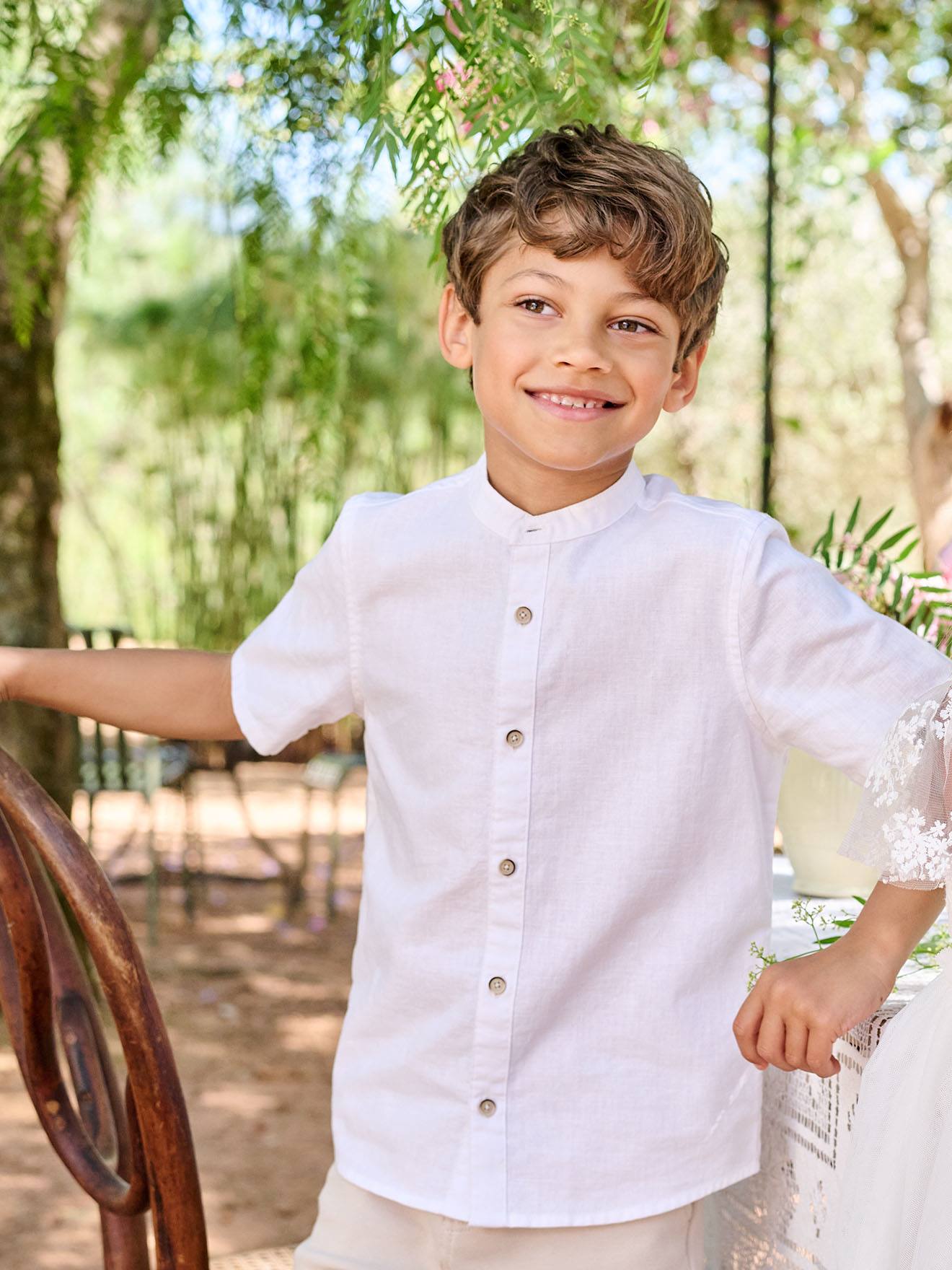 Linnen overhemd met Mao-kraag voor jongens wit