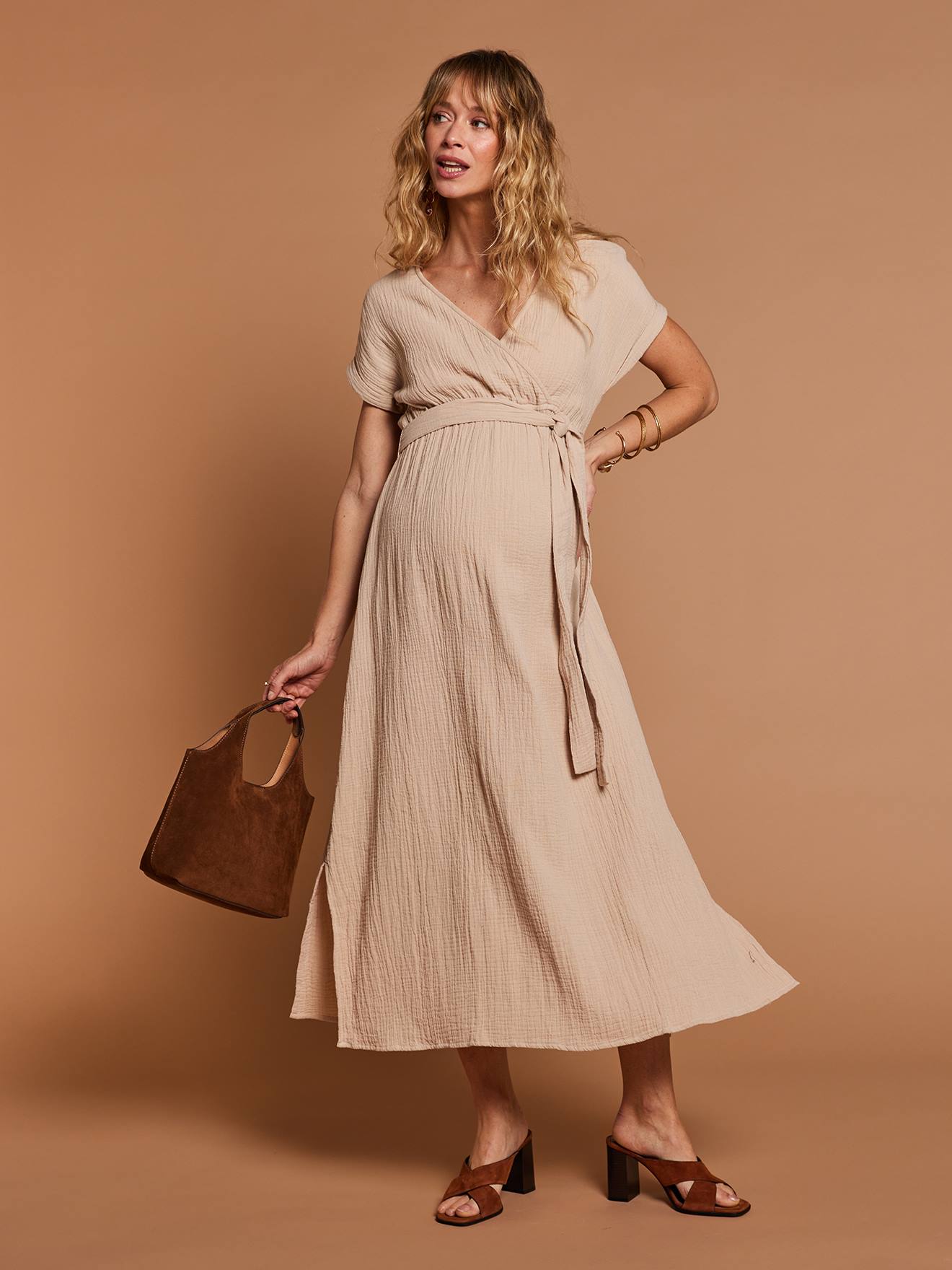 Lange zwangerschapsjurk van katoengaas ENVIE DE FRAISE klei