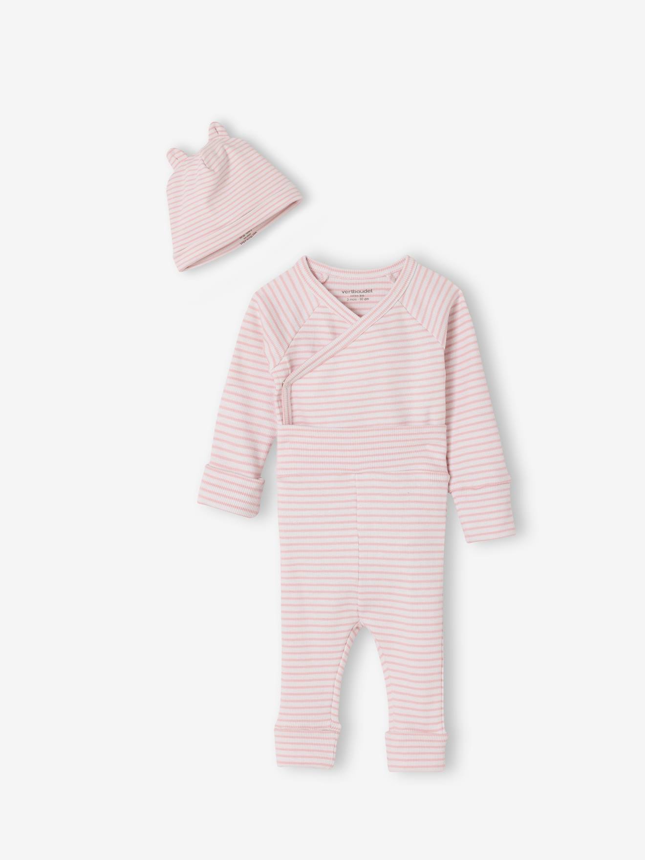 Babyset body, legging en muts met strepen gemêleerd roze