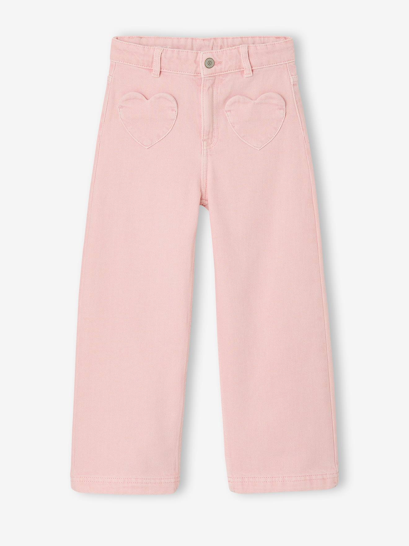 Wijde broek voor meisjes met hartvormige zakken roze (poederkleur)