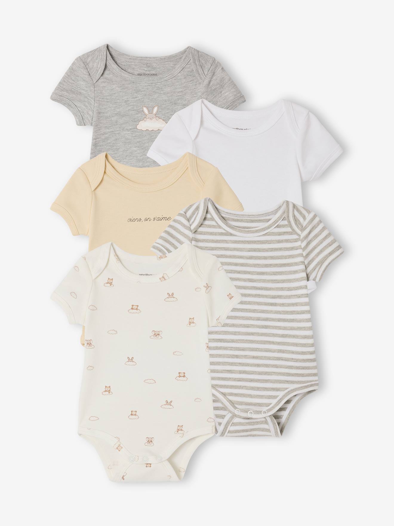 Set van 5 body's met korte mouwen, konijn en wolk ecru