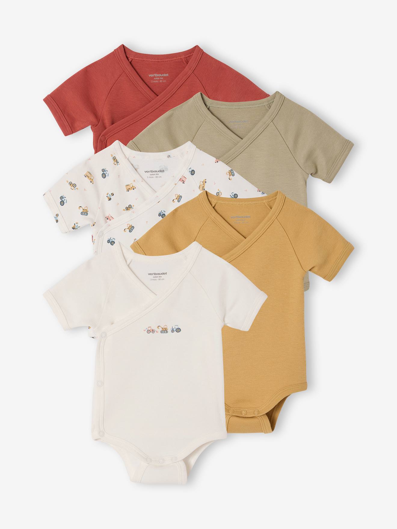 Set van 5 body's geboorte tractor biologisch katoen terracottategel