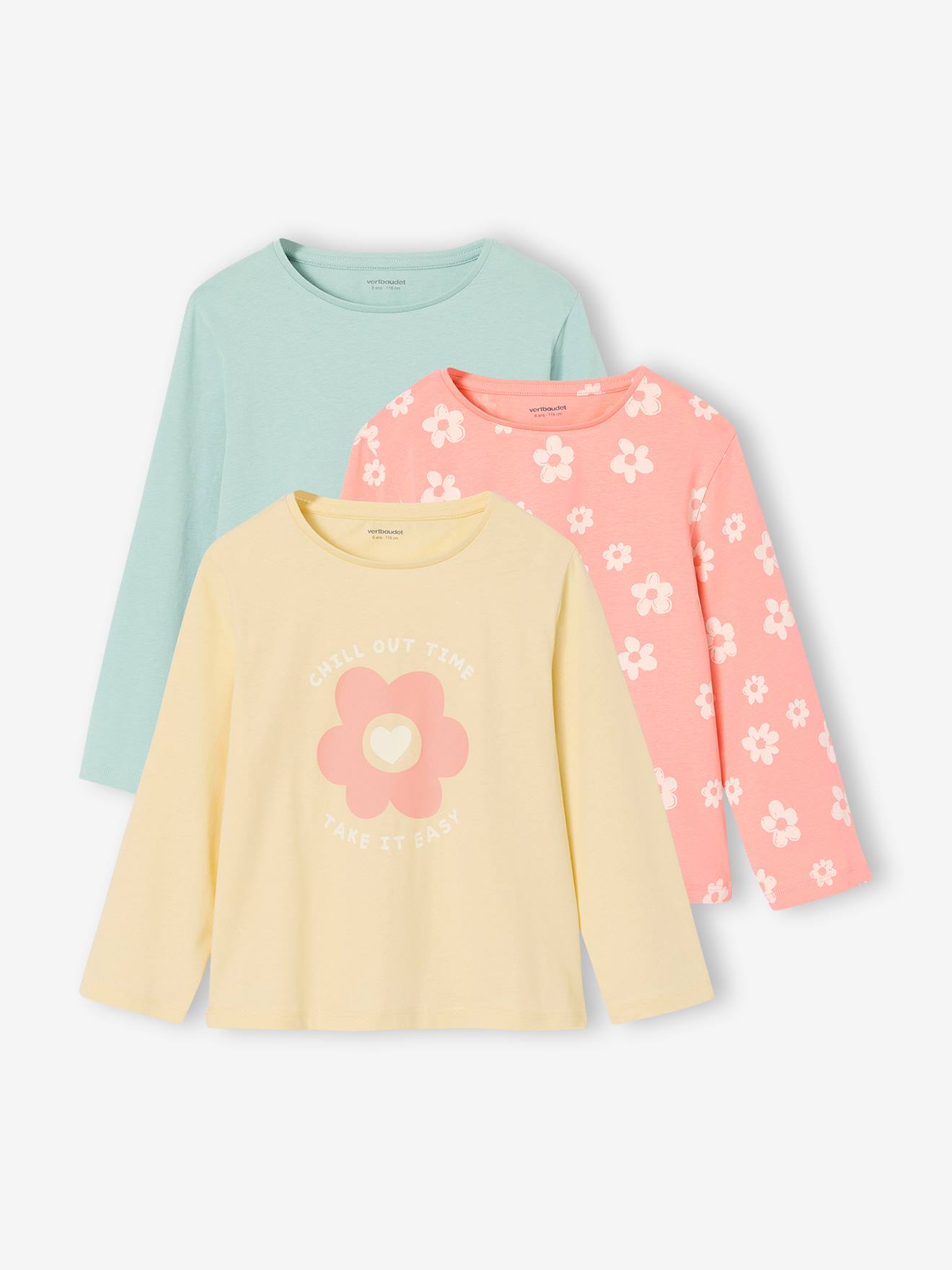 Set van 3 BASICS meisjesshirts met lange mouwen grijsblauw