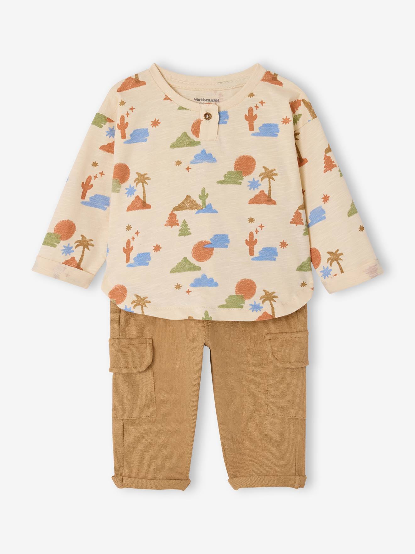 Babyset baby jongen T-shirt broek beige, bedrukt