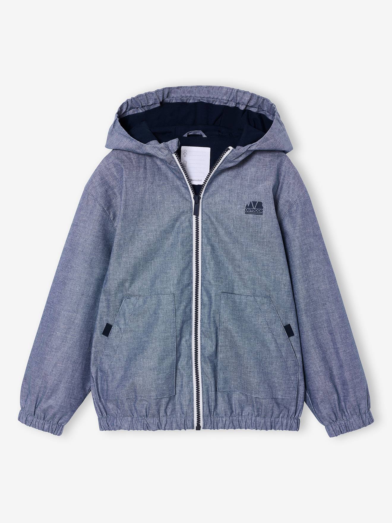 Windjack voor jongens met capuchon en rits chambrayblauw