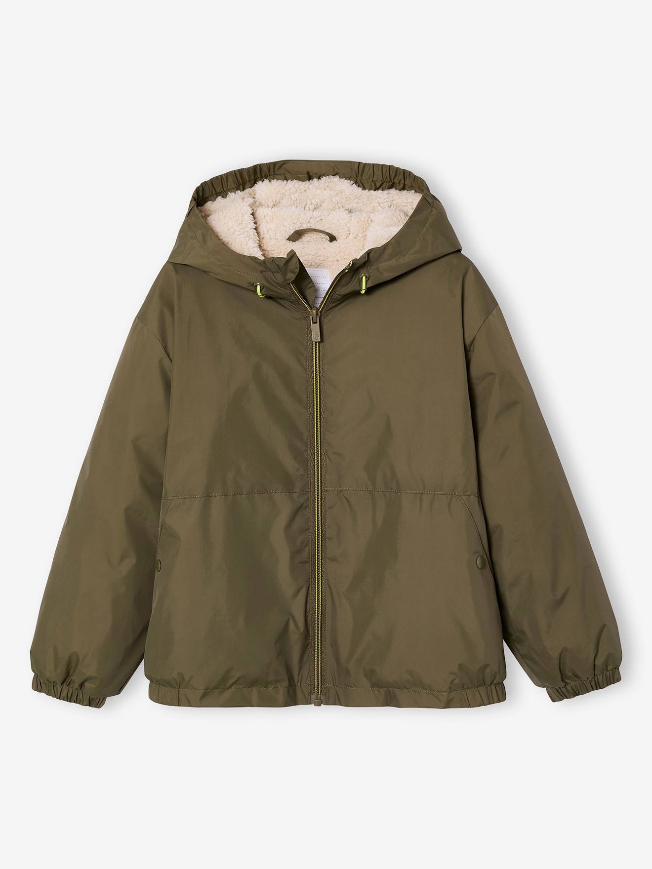 Windjack met capuchon en sherpavoering voor jongens olijf