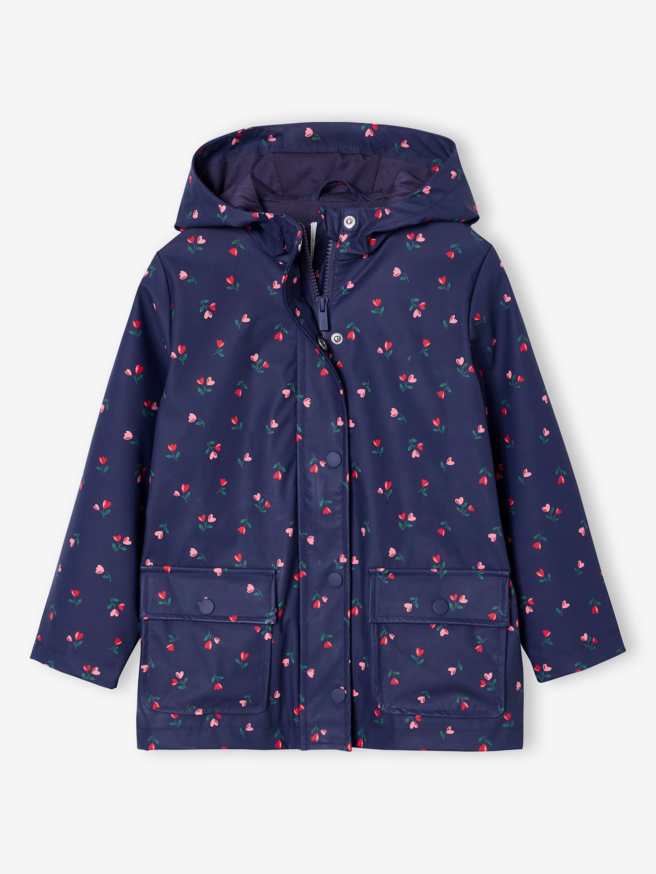 Bedrukte meisjesregenjas met capuchon marineblauw