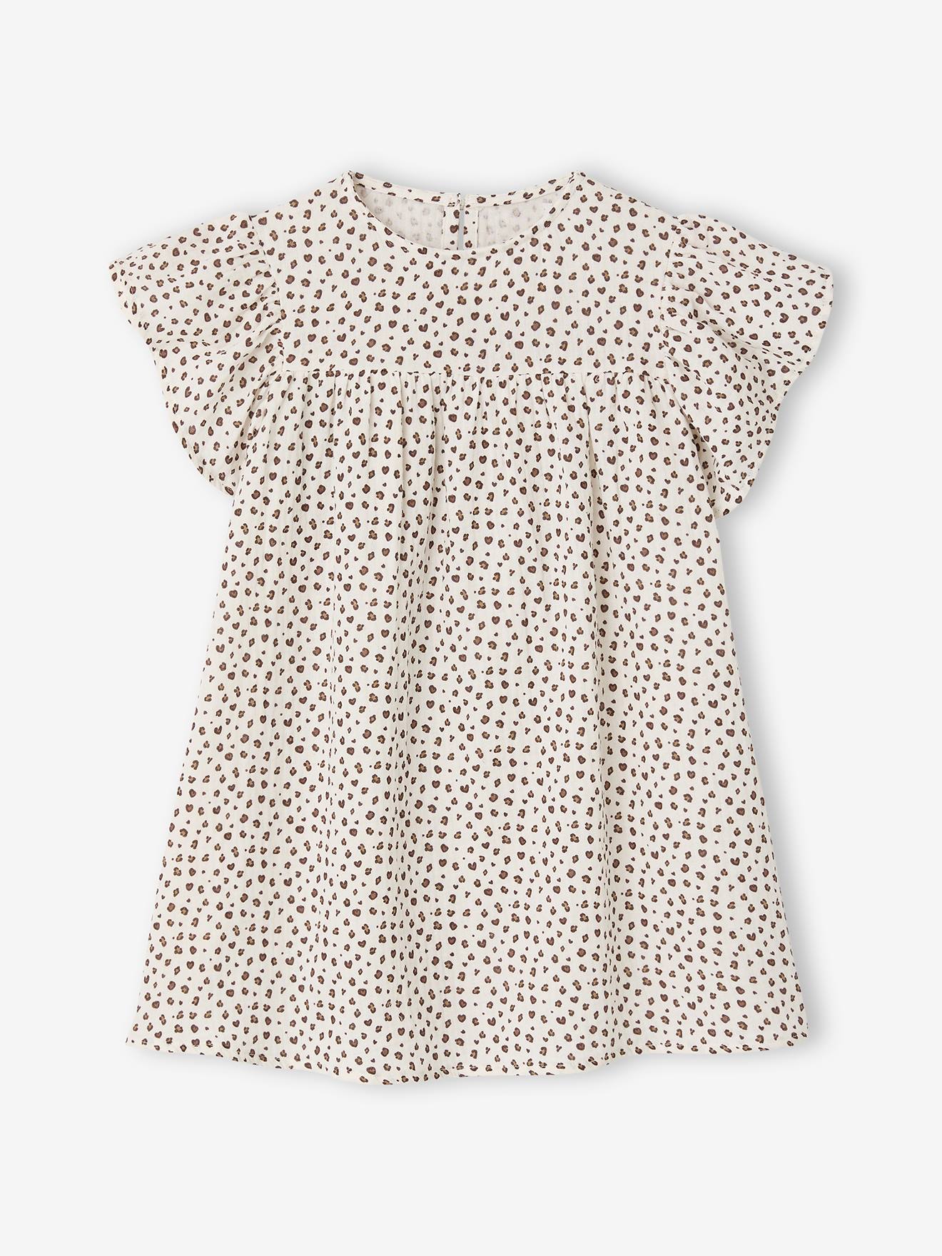 Jurk met bloemenprint van katoenen gaas beige