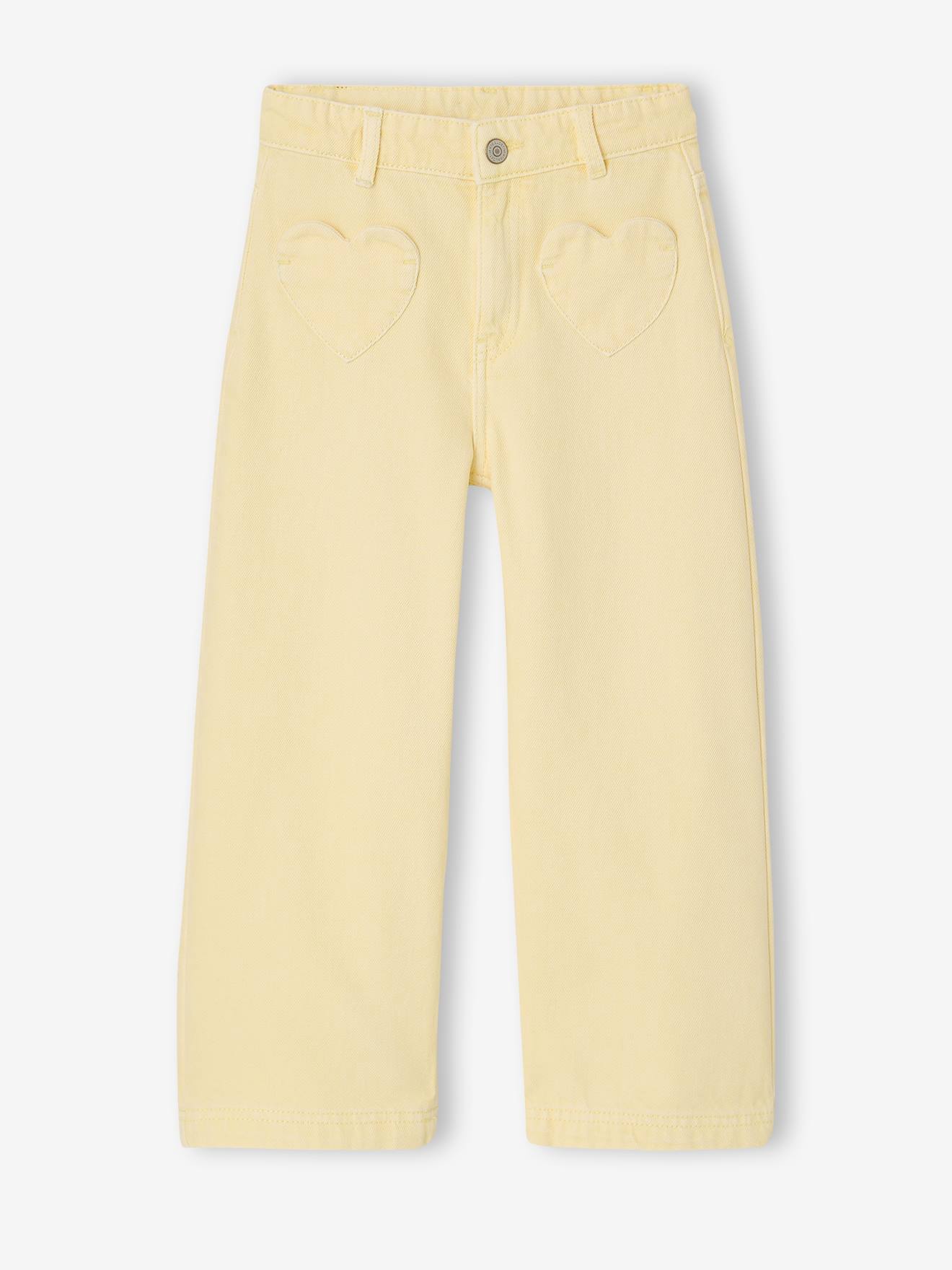 Wijde broek voor meisjes met hartvormige zakken lichtgeel