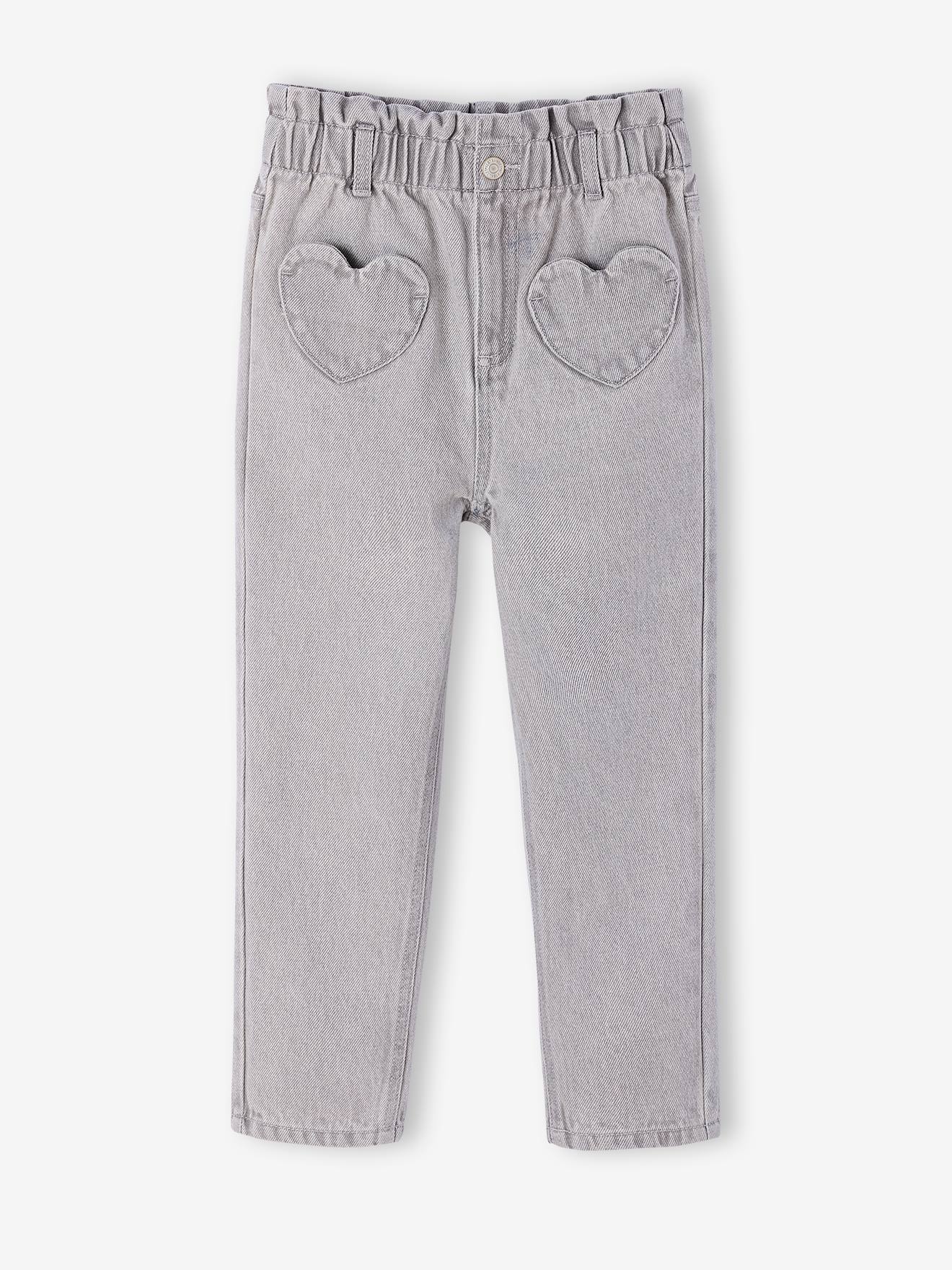 Paperbag jeans meisjes zakken hartjes denimgrijs