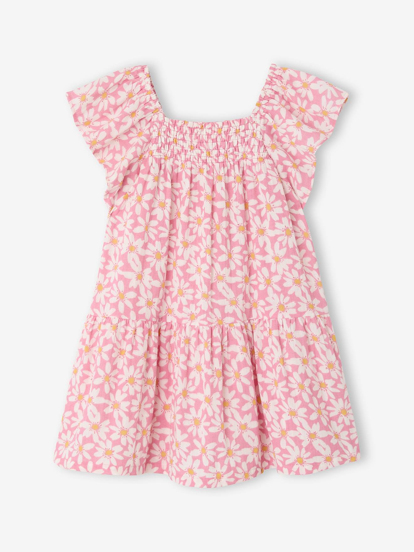 Jurk voor meisjes met smockwerk en bloemenprint roze (poederkleur)