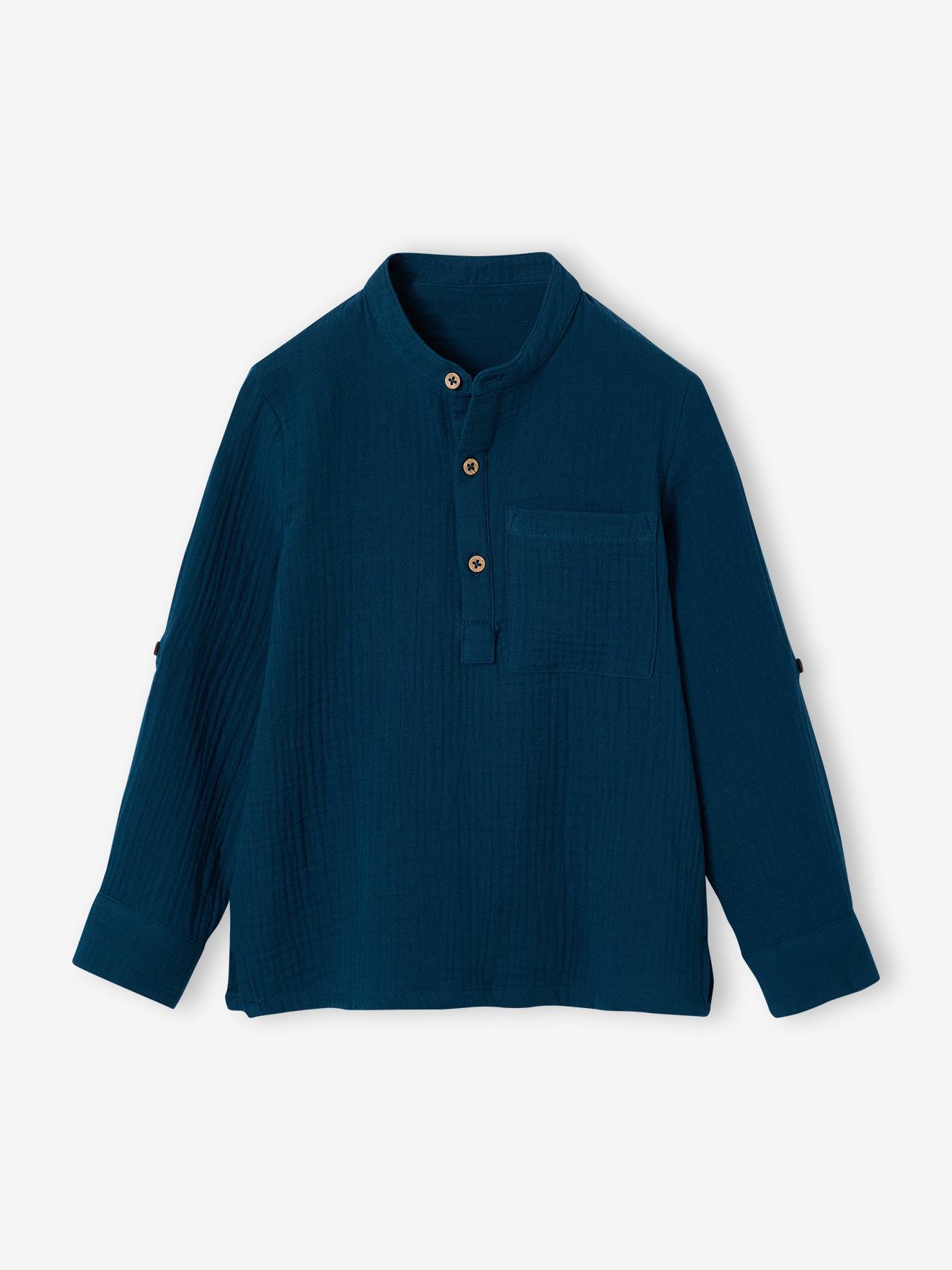 Jongensoverhemd van katoengaas met oprolbare mouwen petrolblauw