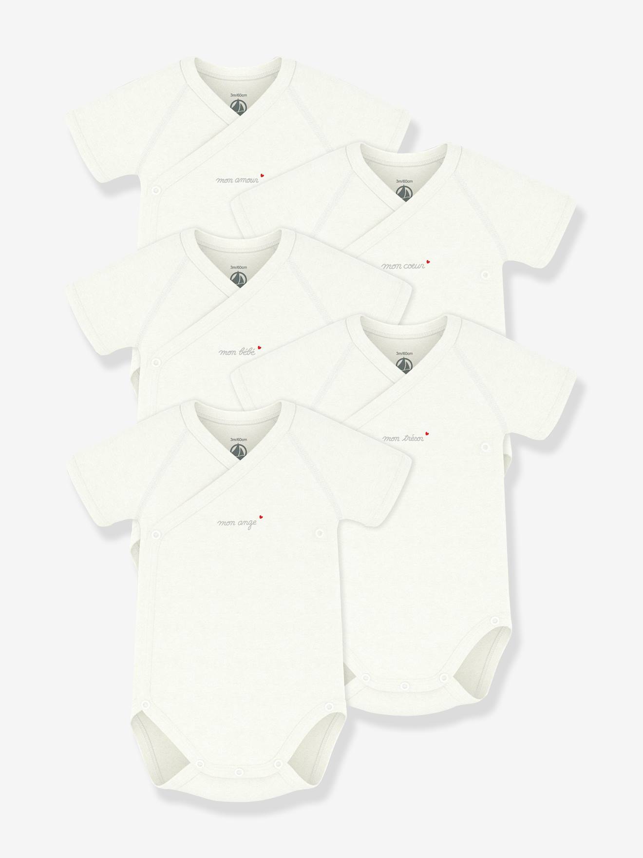 Set van 5 gekruiste body's baby katoen PETIT BATEAU wit