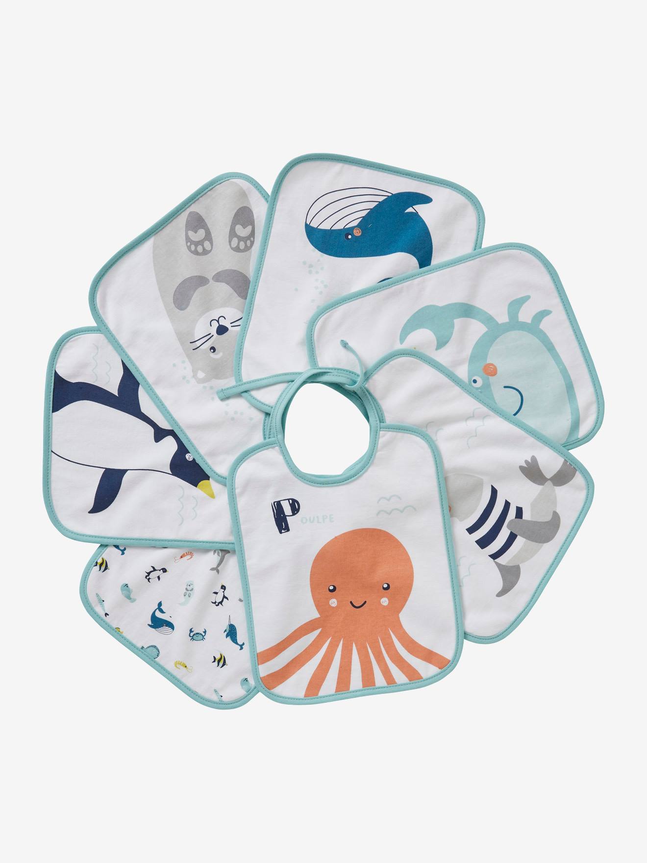 Set van 7 babyslabbetjes VERTBAUDET met decor zeedieren prints op witte achtergrond