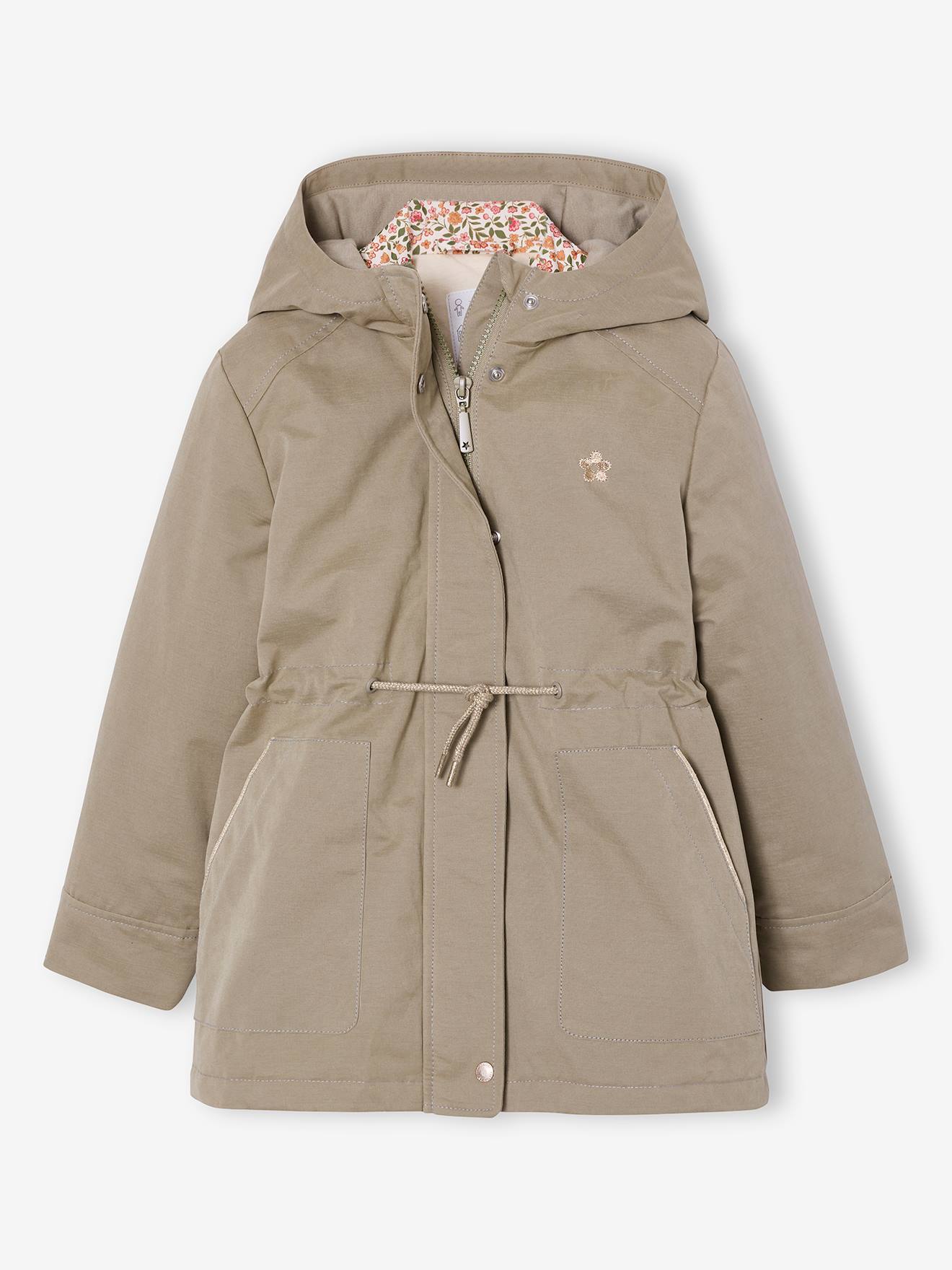 3-in-1 parka voor meisjes, parka en windjack met bloemenprint kaki