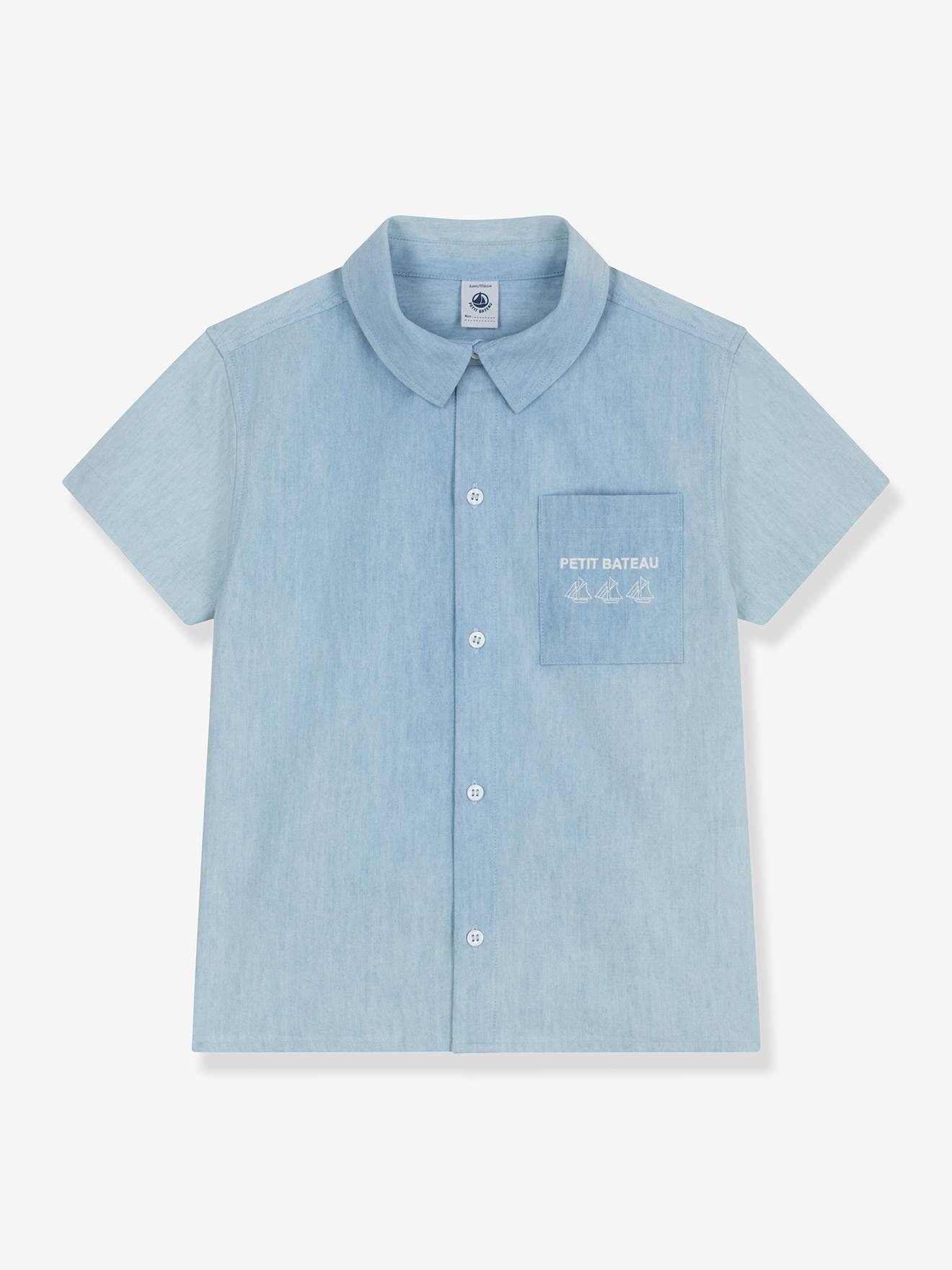 Chambray hemd voor jongens met korte mouwen lichtblauw