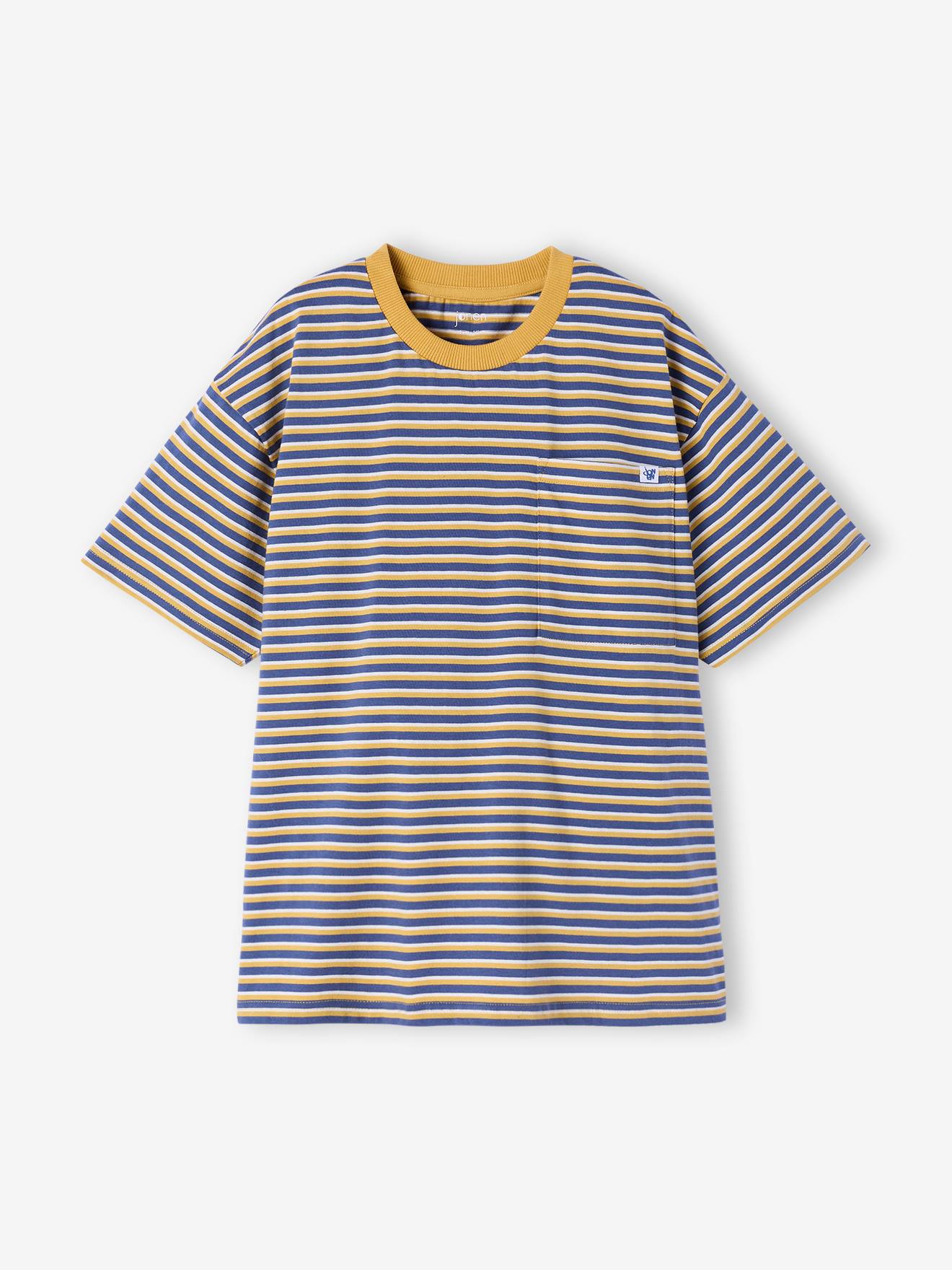 T-shirt met korte mouwen voor jongens blauw, gestreept