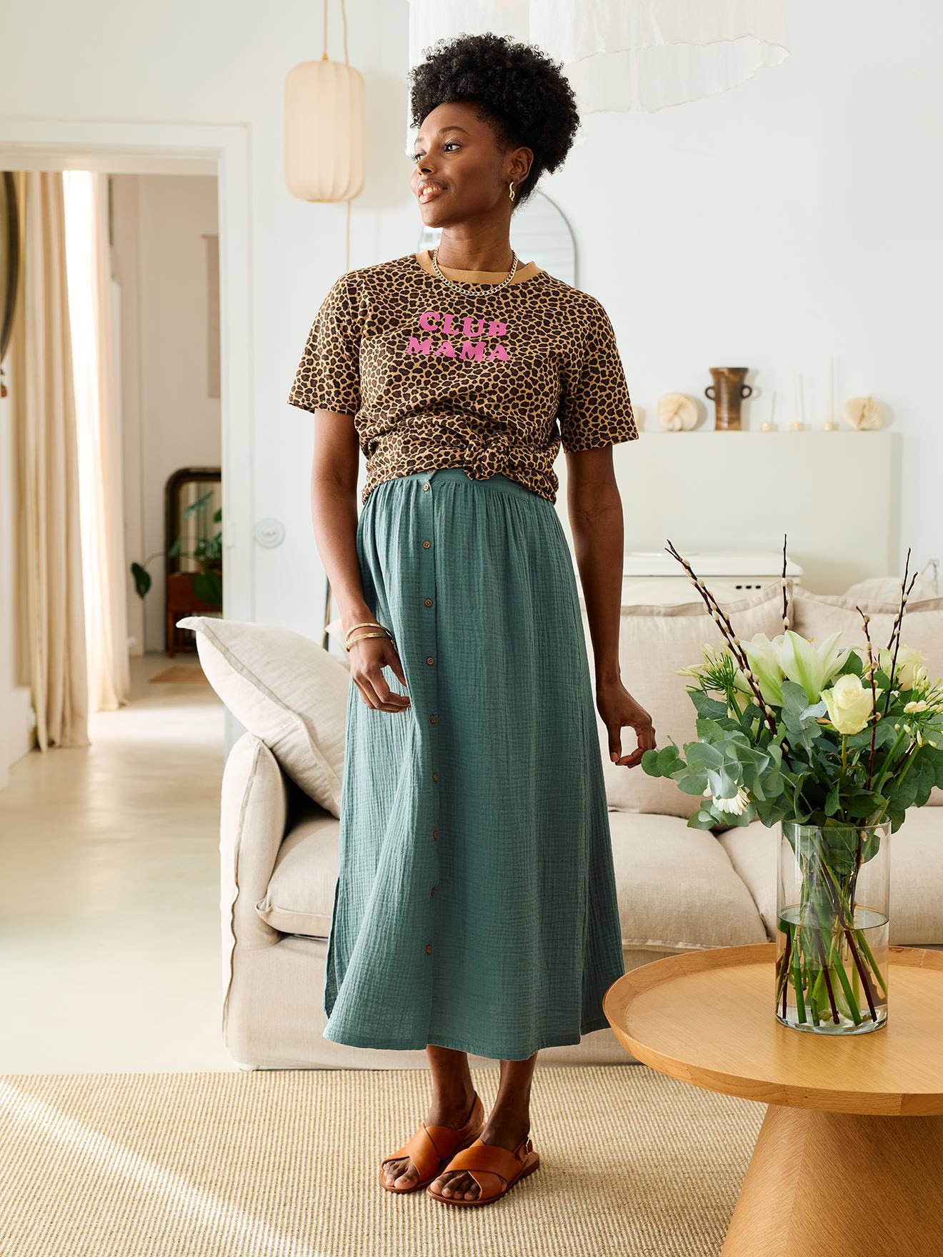 Lange zwangerschapsrok van katoengaas smaragdgroen