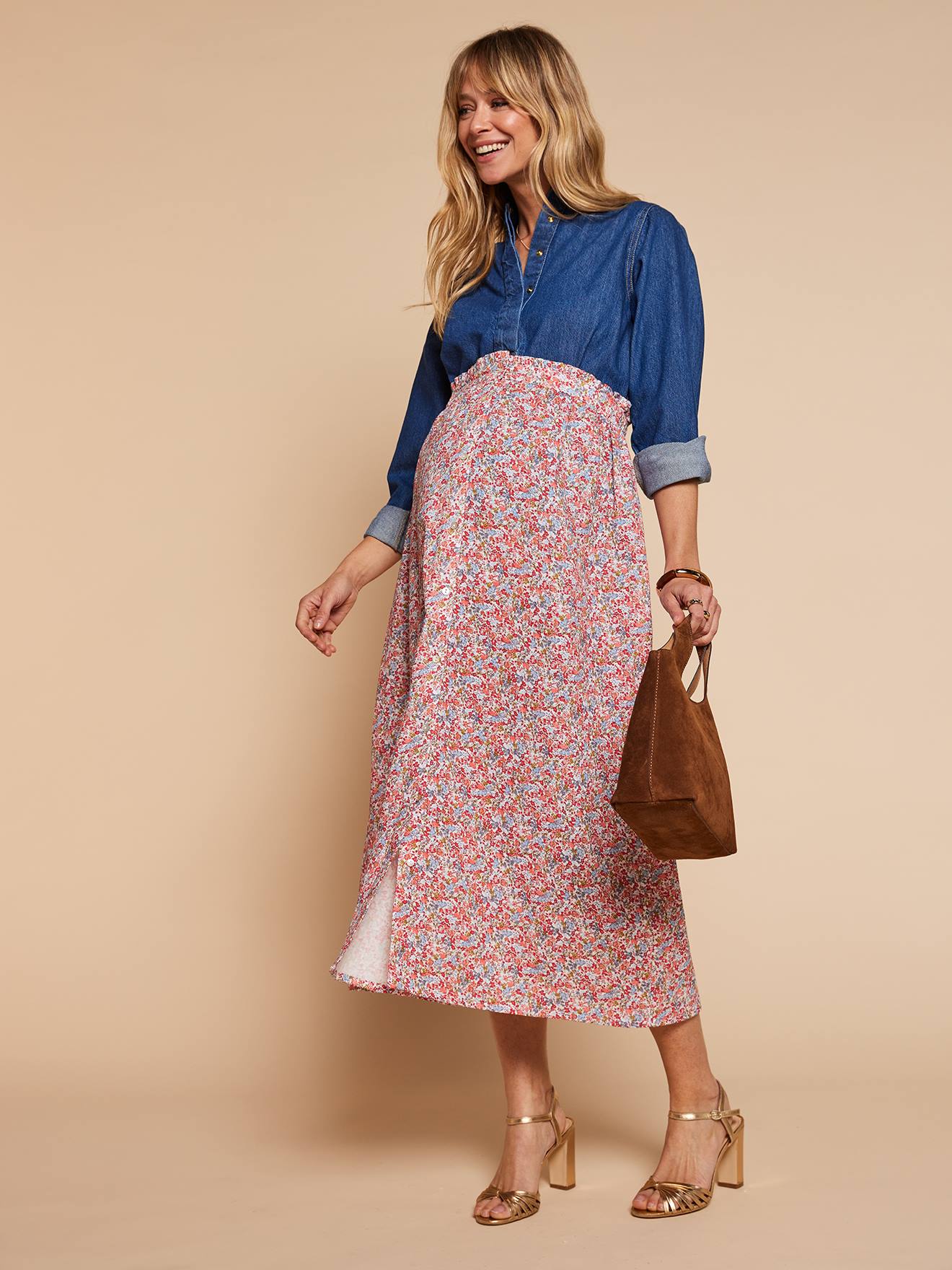 Lange rok met elastische taille en bloemenmotief meerkleurig