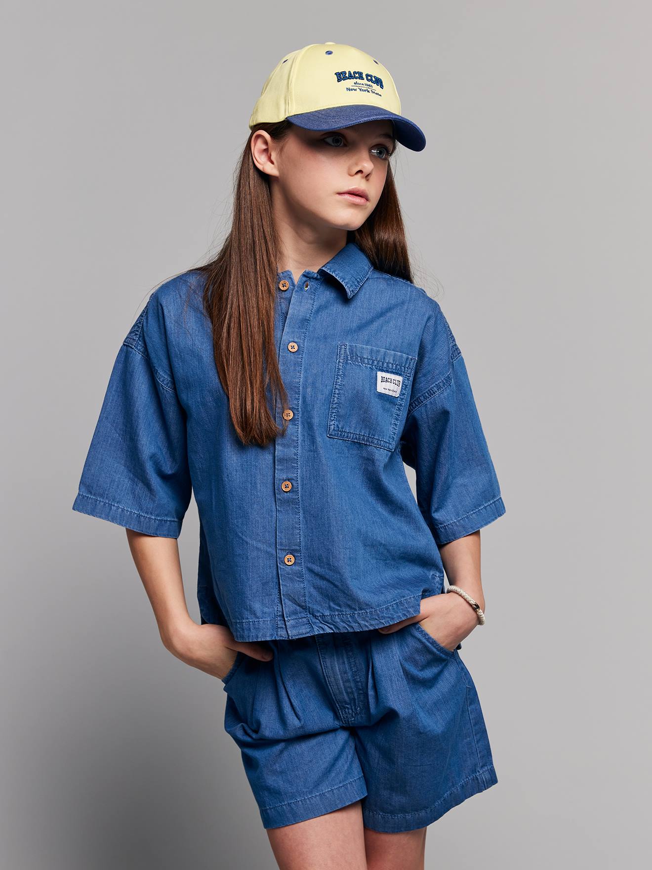Meisjesset short top in lichte denim middenblauw