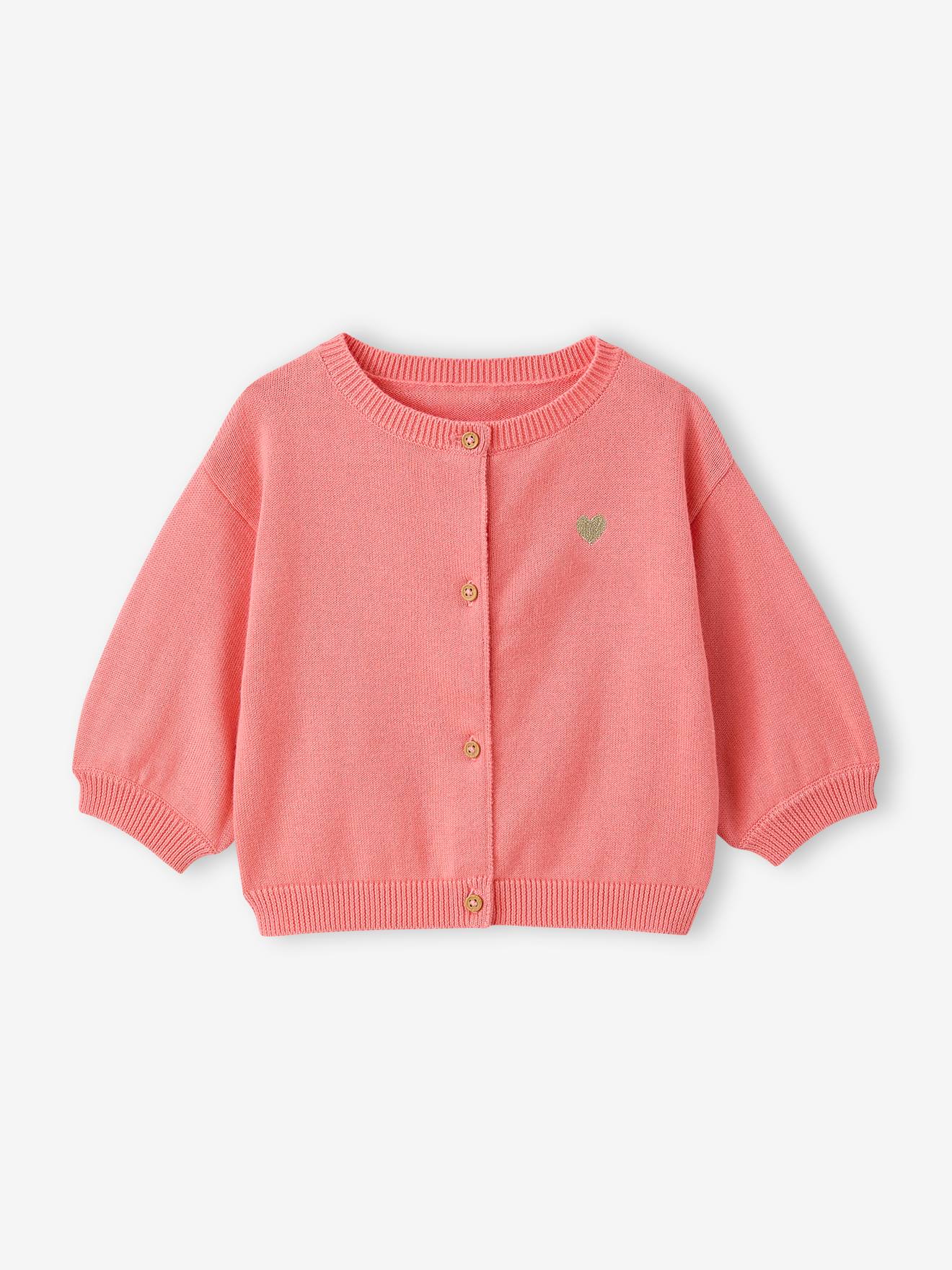 Basic gebreid babyvest met geborduurd hartje koraal