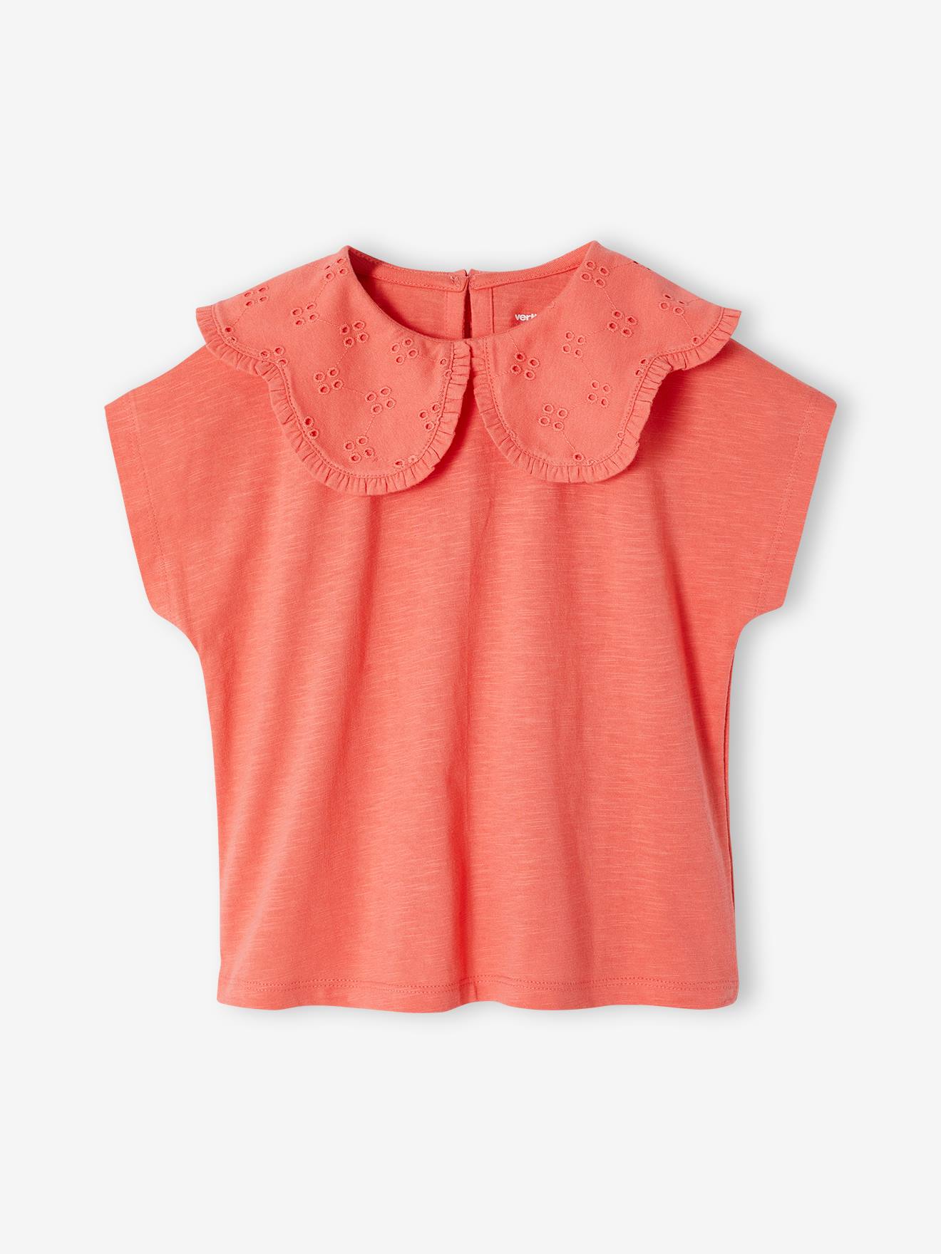 Meisjesshirt met geborduurde kraag koraal