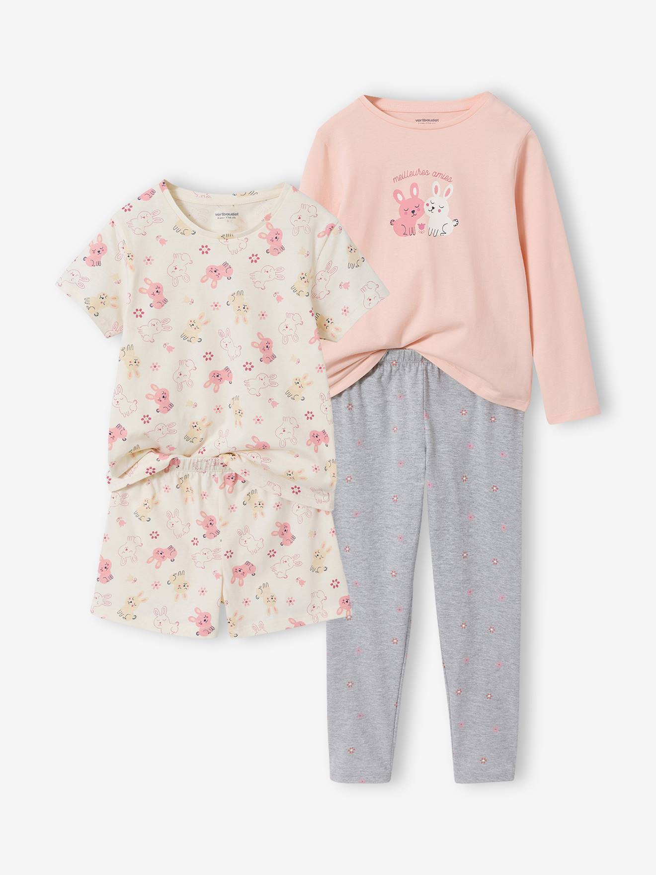 Set van 2 korte en lange pyjama's met konijntjes gemêleerd grijs