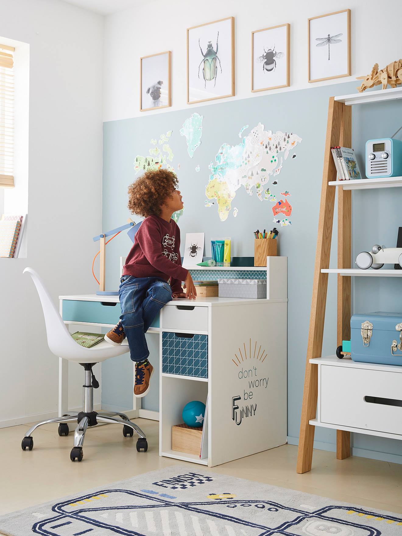Kinderbureau SERIE FUNNY effen blauw met versiering