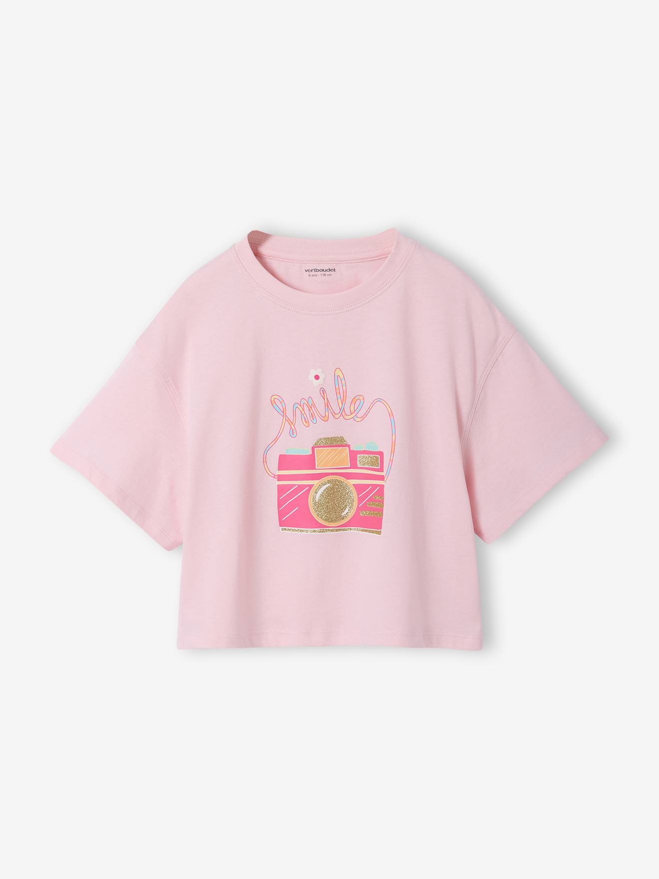 Cropped meisjesshirt met korte mouwen roze (poederkleur)