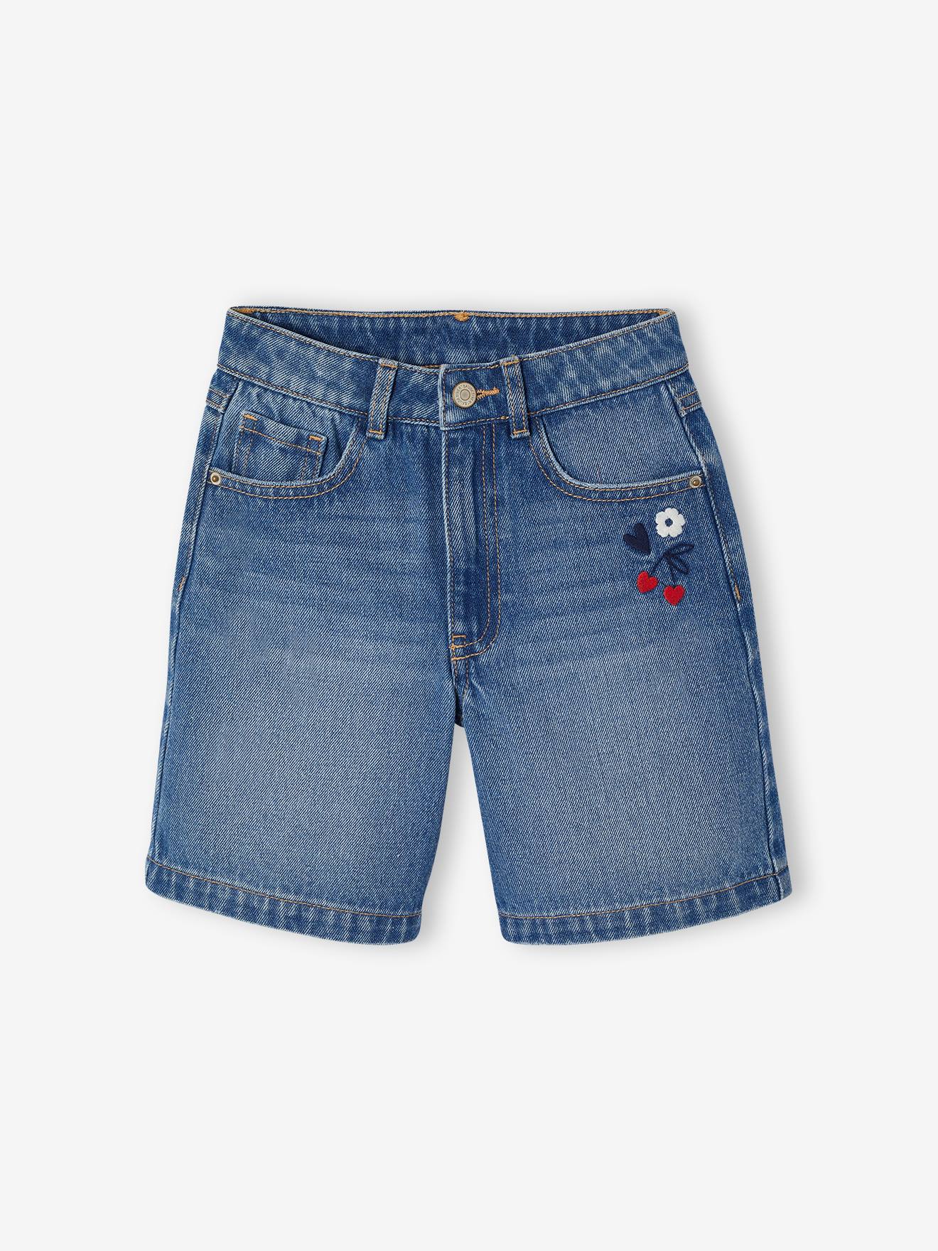 Bermuda jeans met geborduurde bloemen middenblauw
