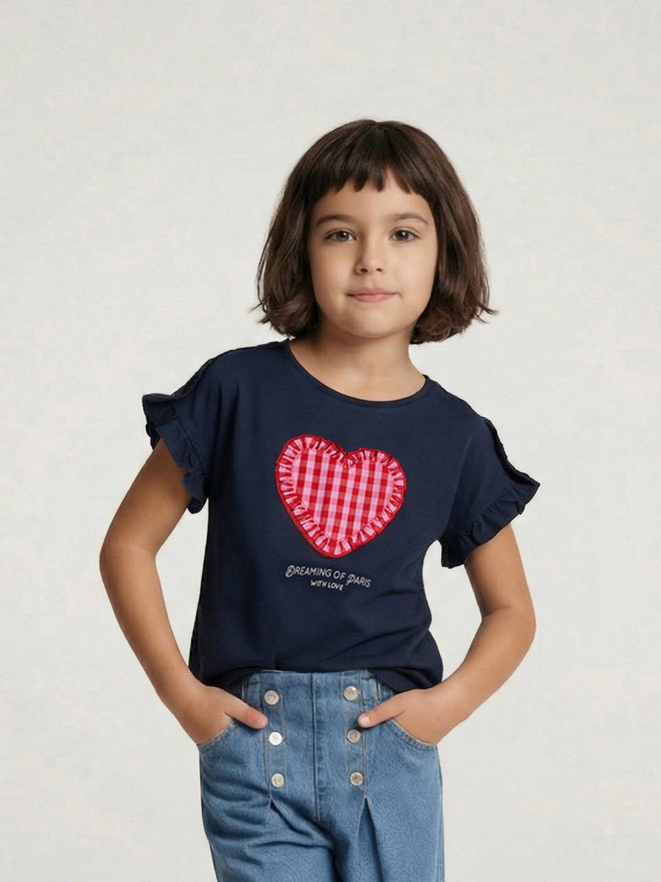 T-shirt voor meisjes met romantisch motief, korte mouwen met ruches marineblauw