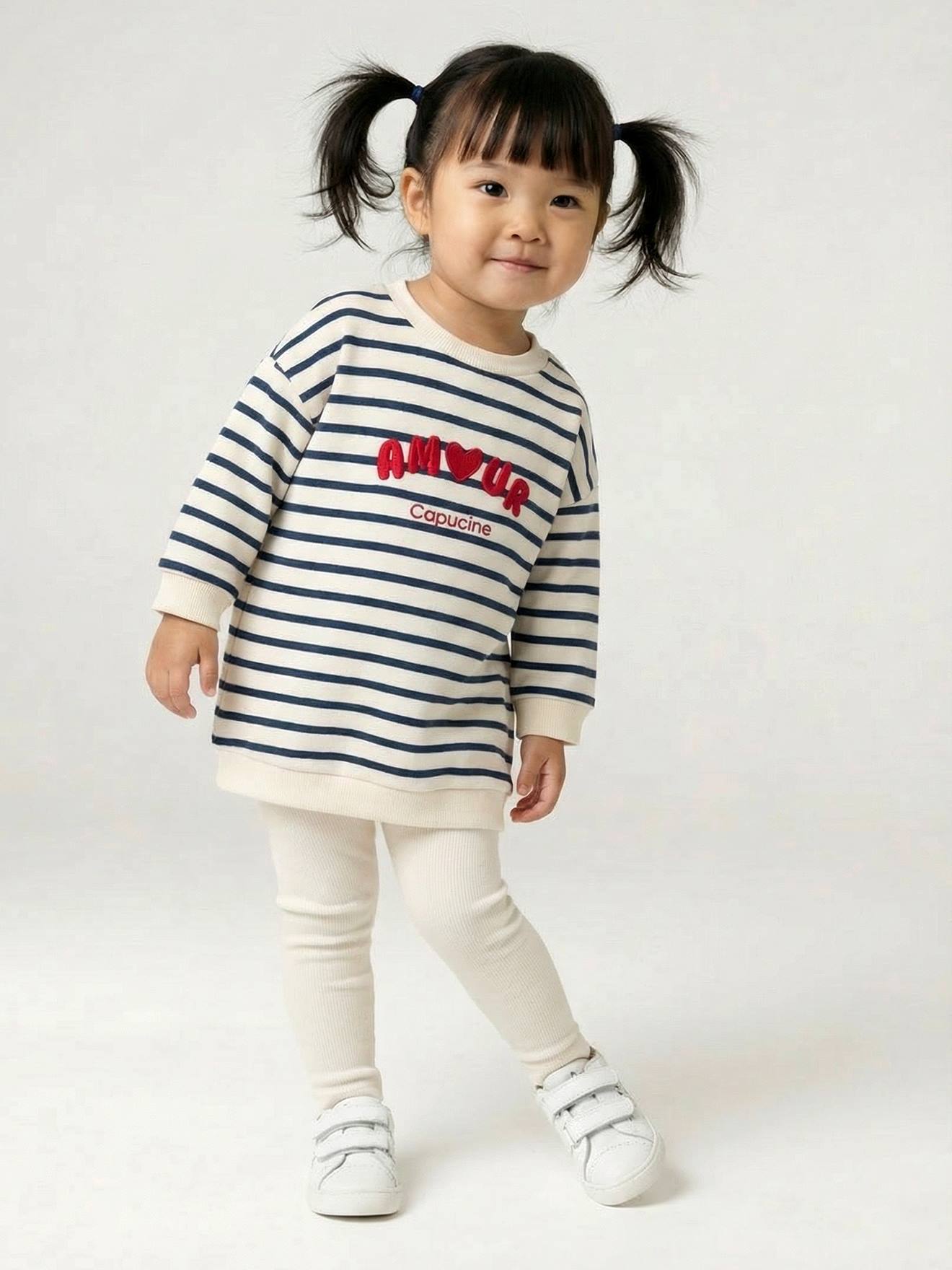 Babyset met jurk en legging personaliseerbaar marineblauw, gestreept