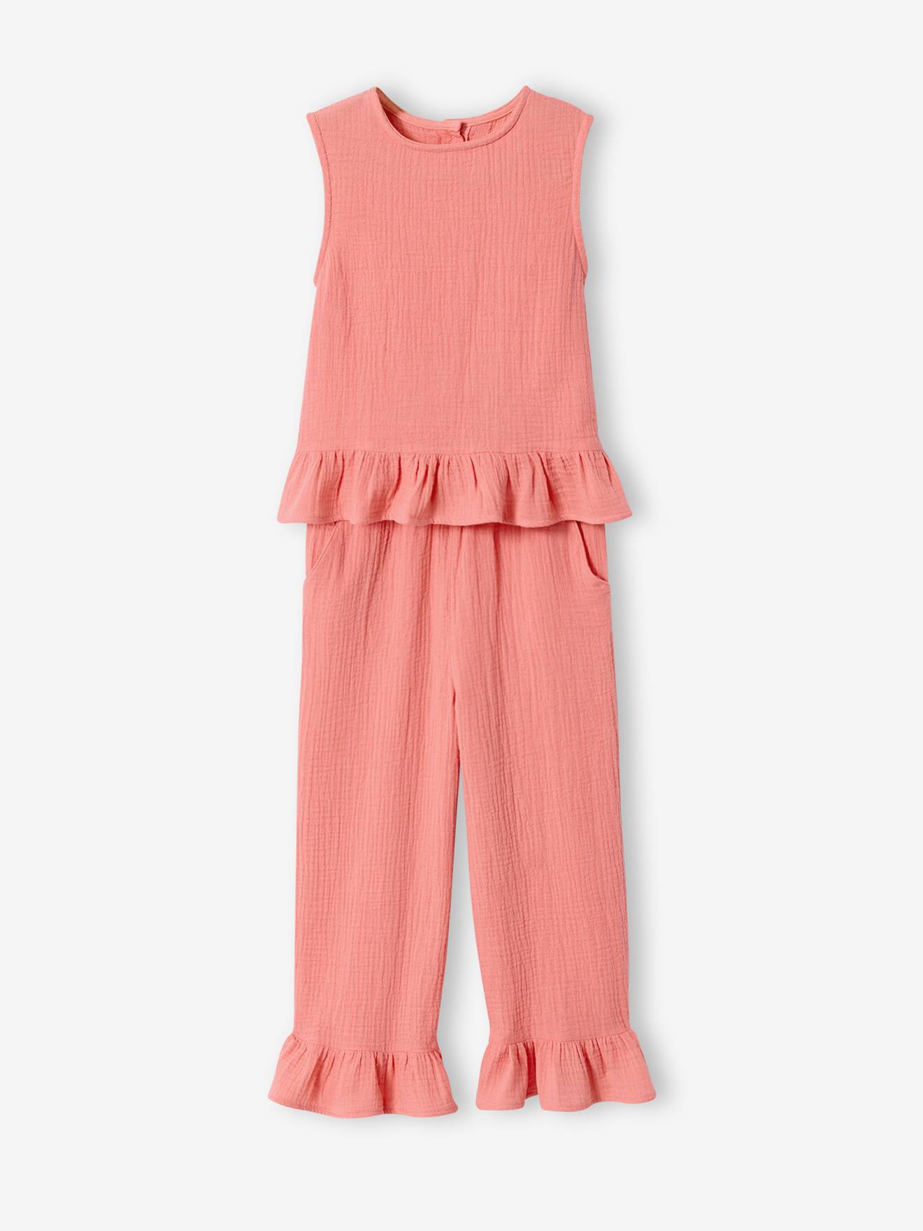 Set met blouse en broek met ruches koraal