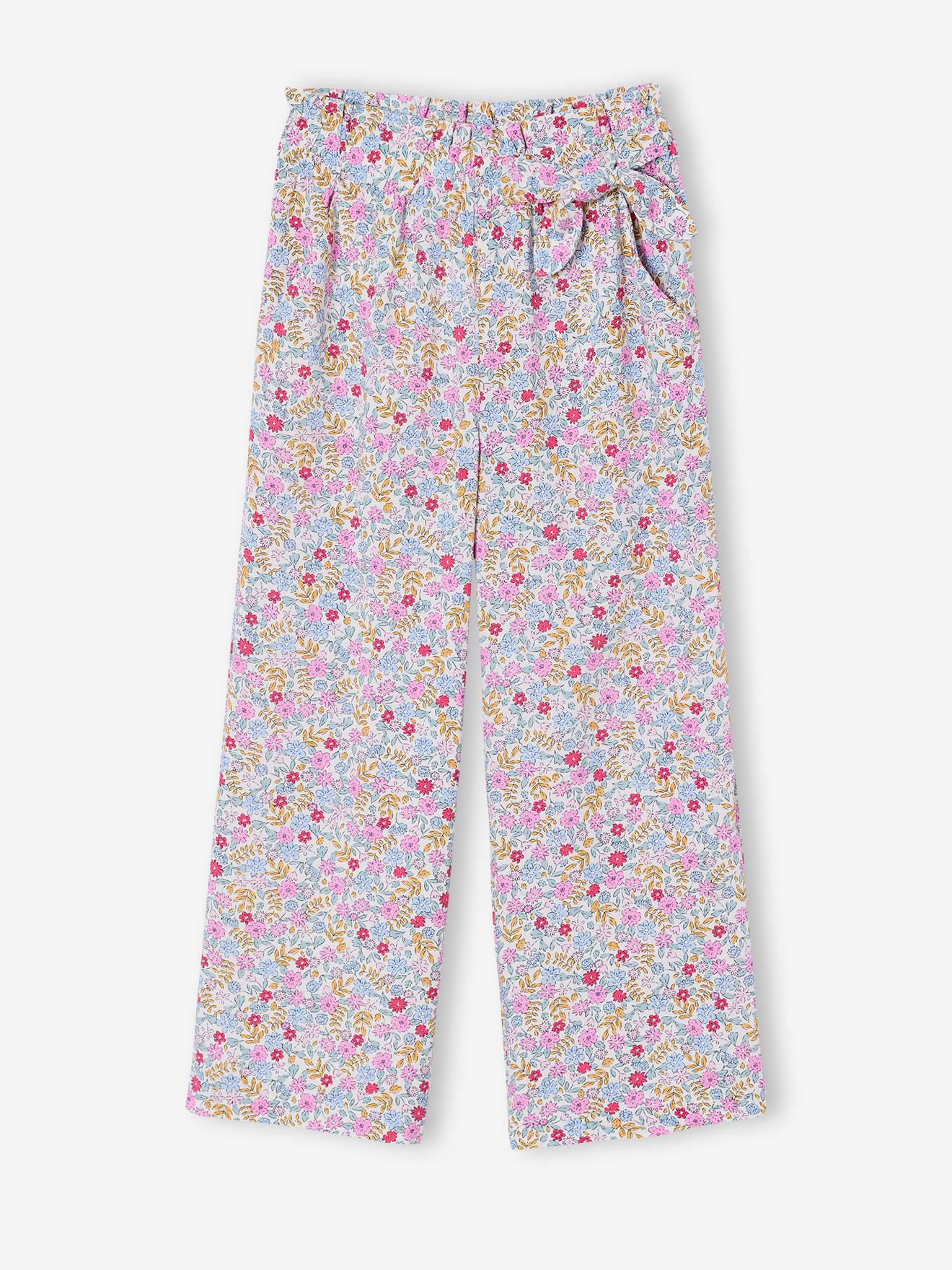 Wijde meisjesbroek met bloemenprint vanille