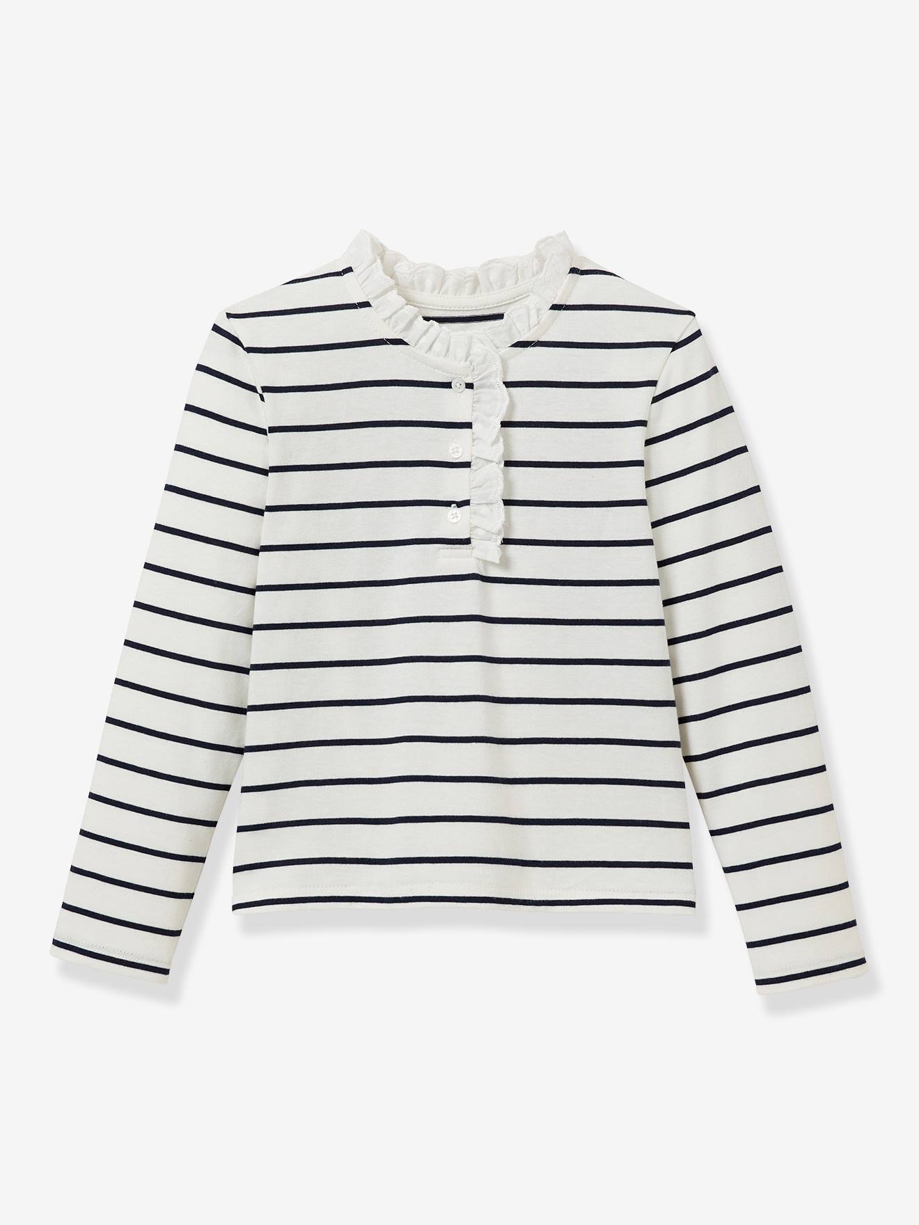 T-shirt met strepen en lange mouwen voor meisjes marineblauw