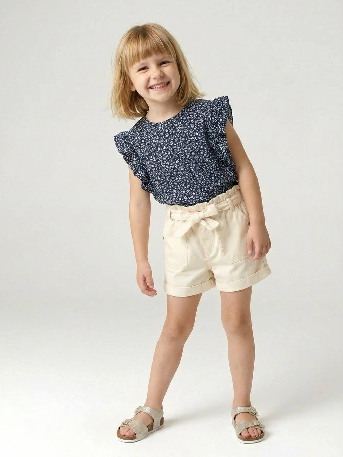 Meisjesshort in paperbag-stijl ecru