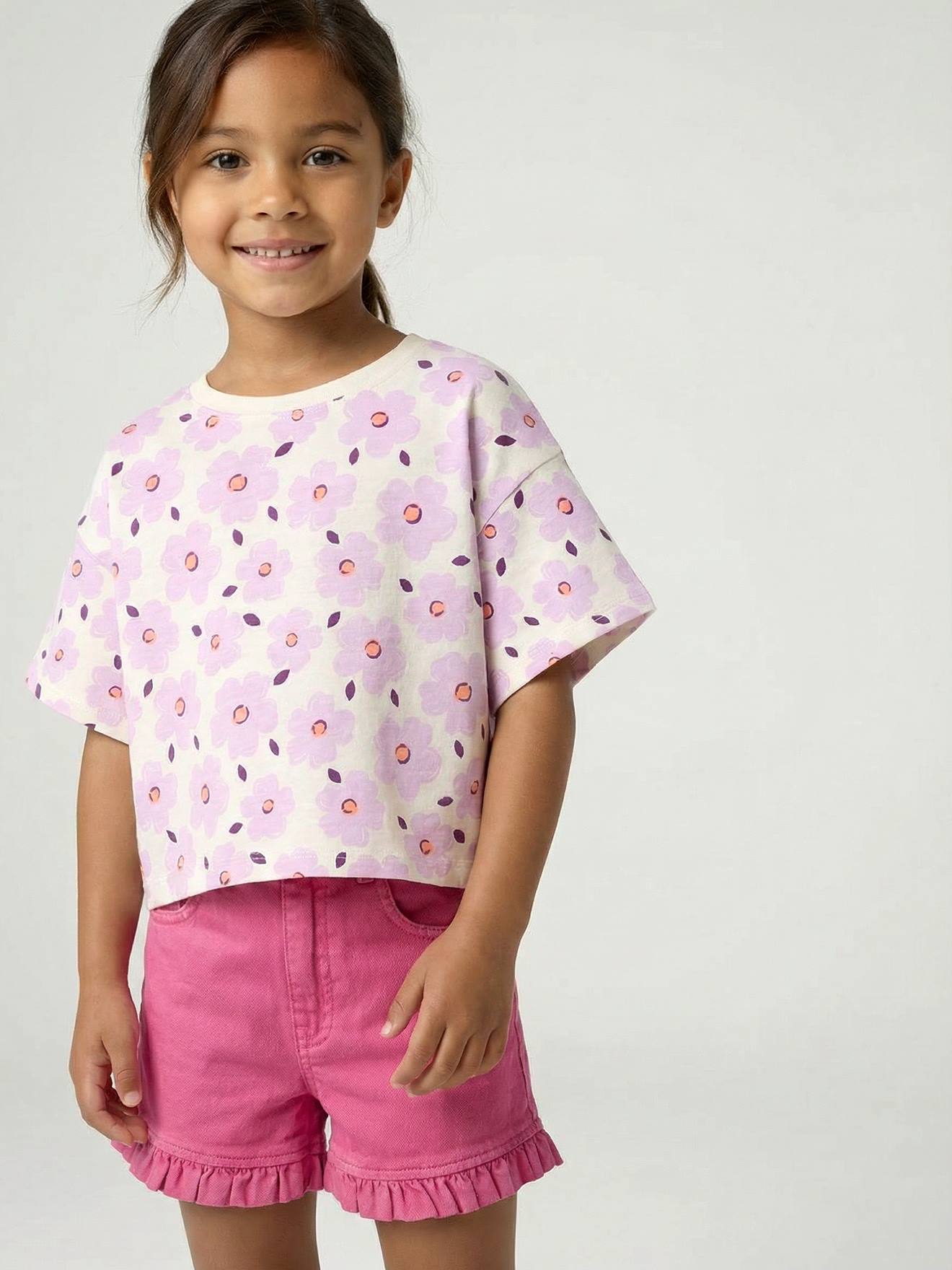 Cropped meisjesshirt met korte mouwen ecru