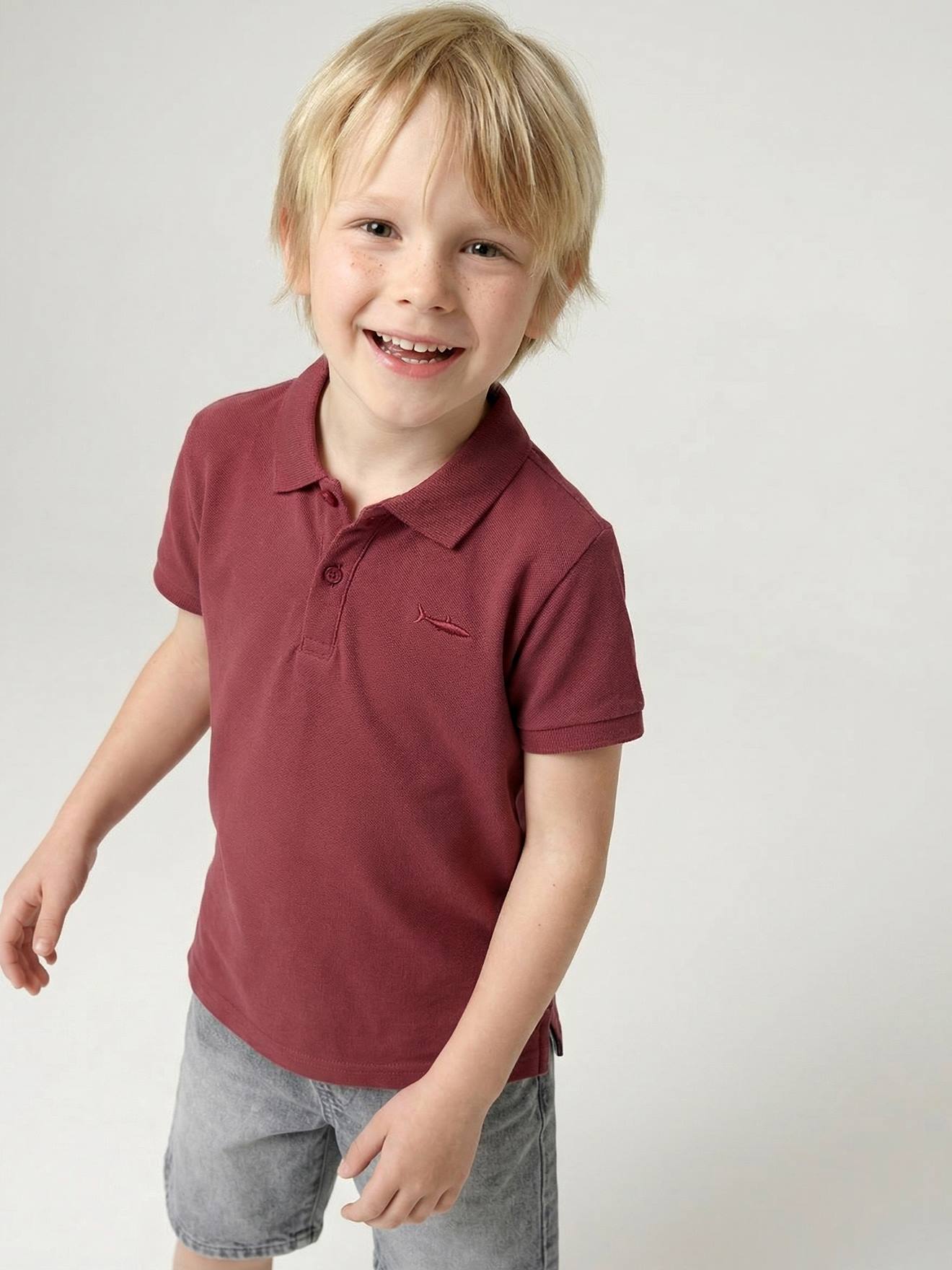 Poloshirt met korte mouwen voor jongens met borduurwerk op de borst terracotta