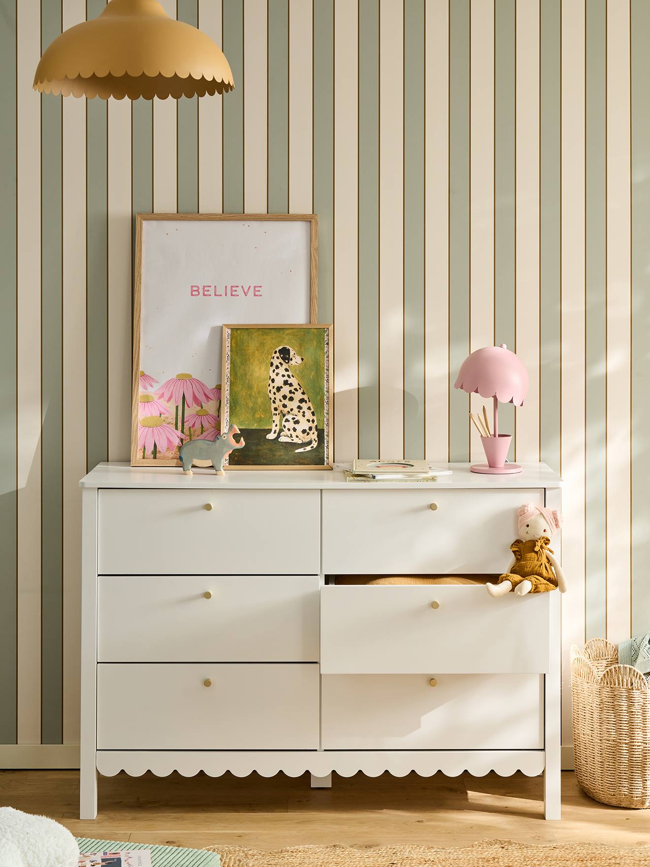 Kindercommode met 6 laden, feston hout wit