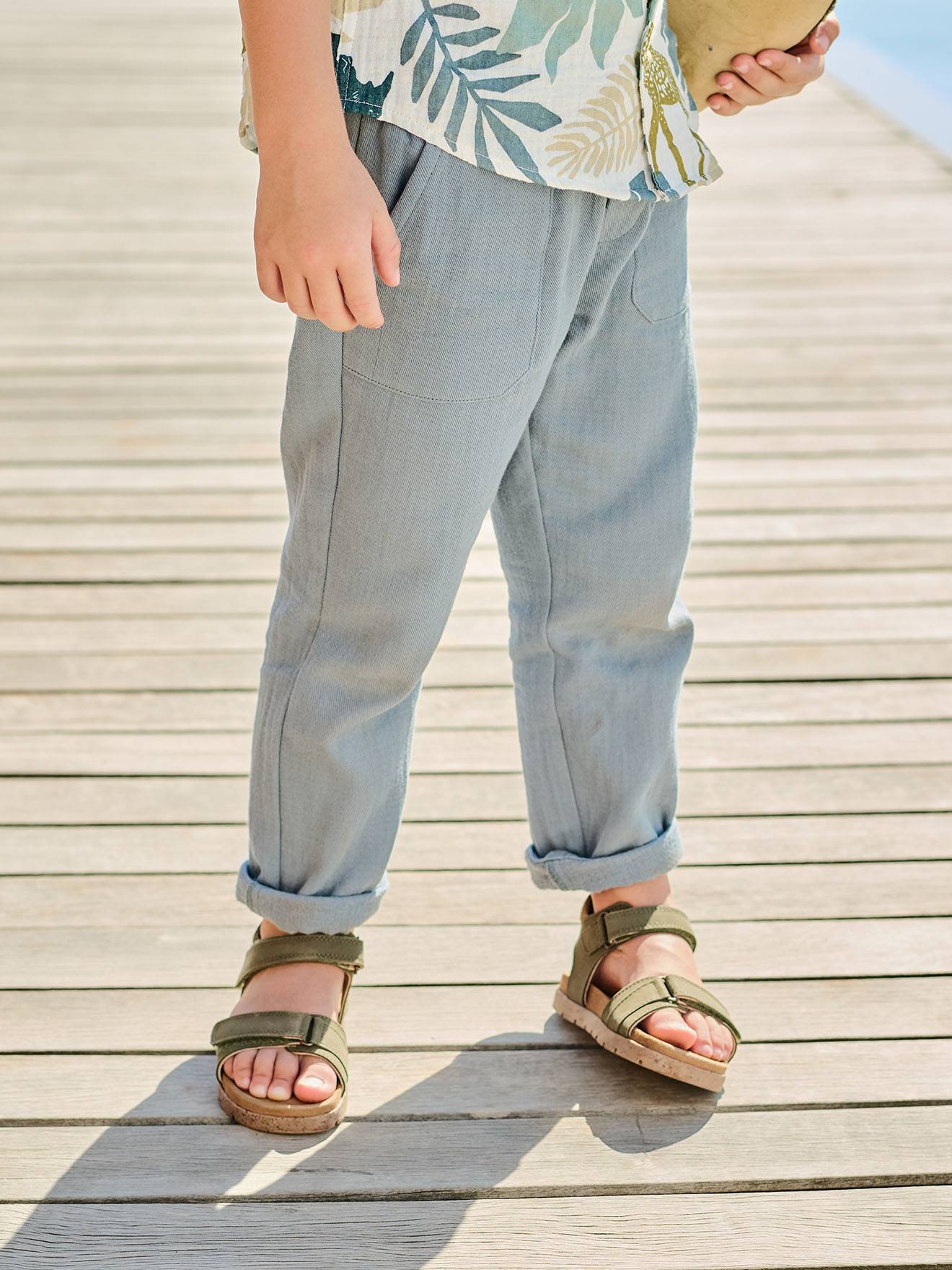 Broek van katoengaas voor jongens met verstelbare taille smaragdgroen