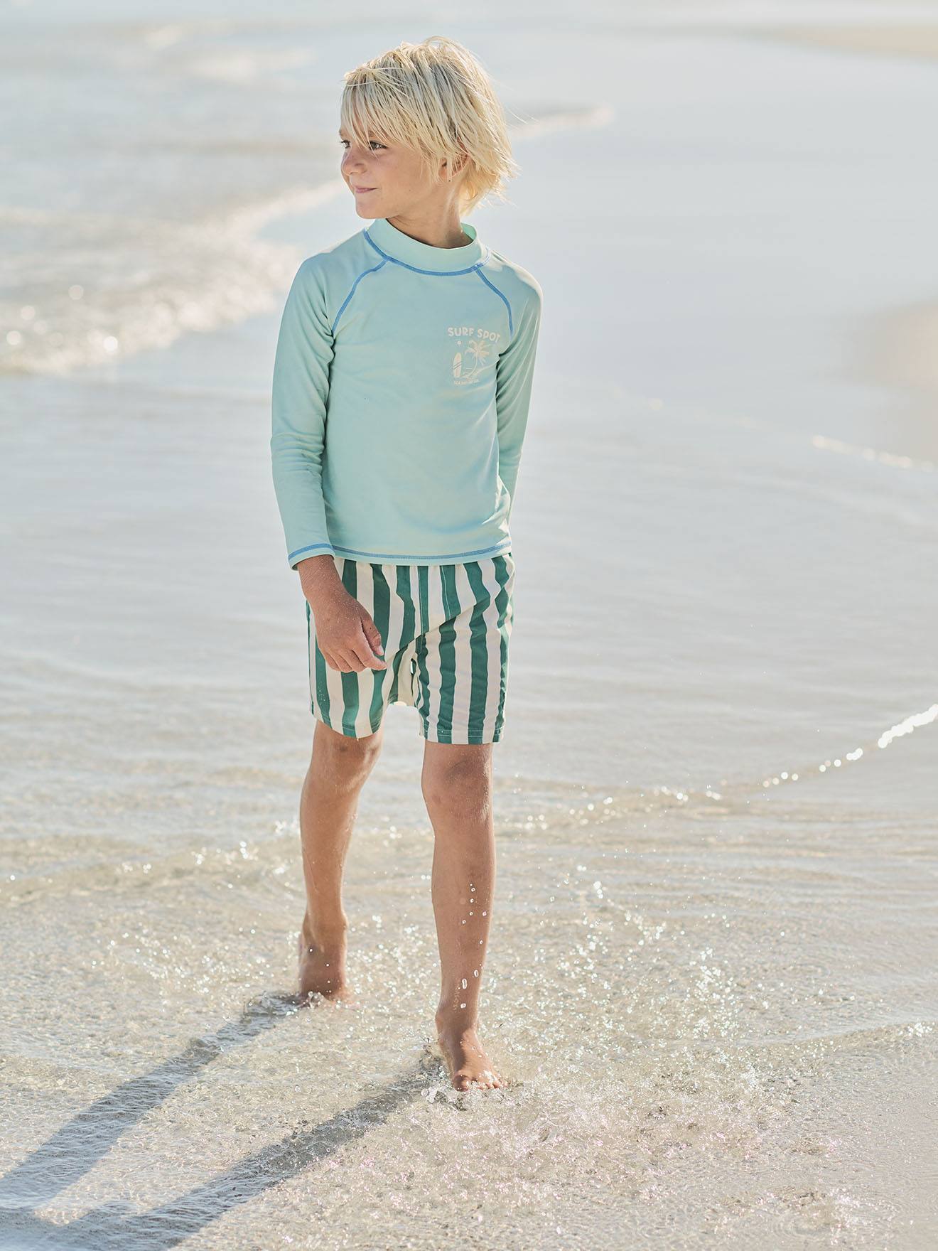 T-shirt anti-UV jongens lange mouwen Surf turquoiseblauw