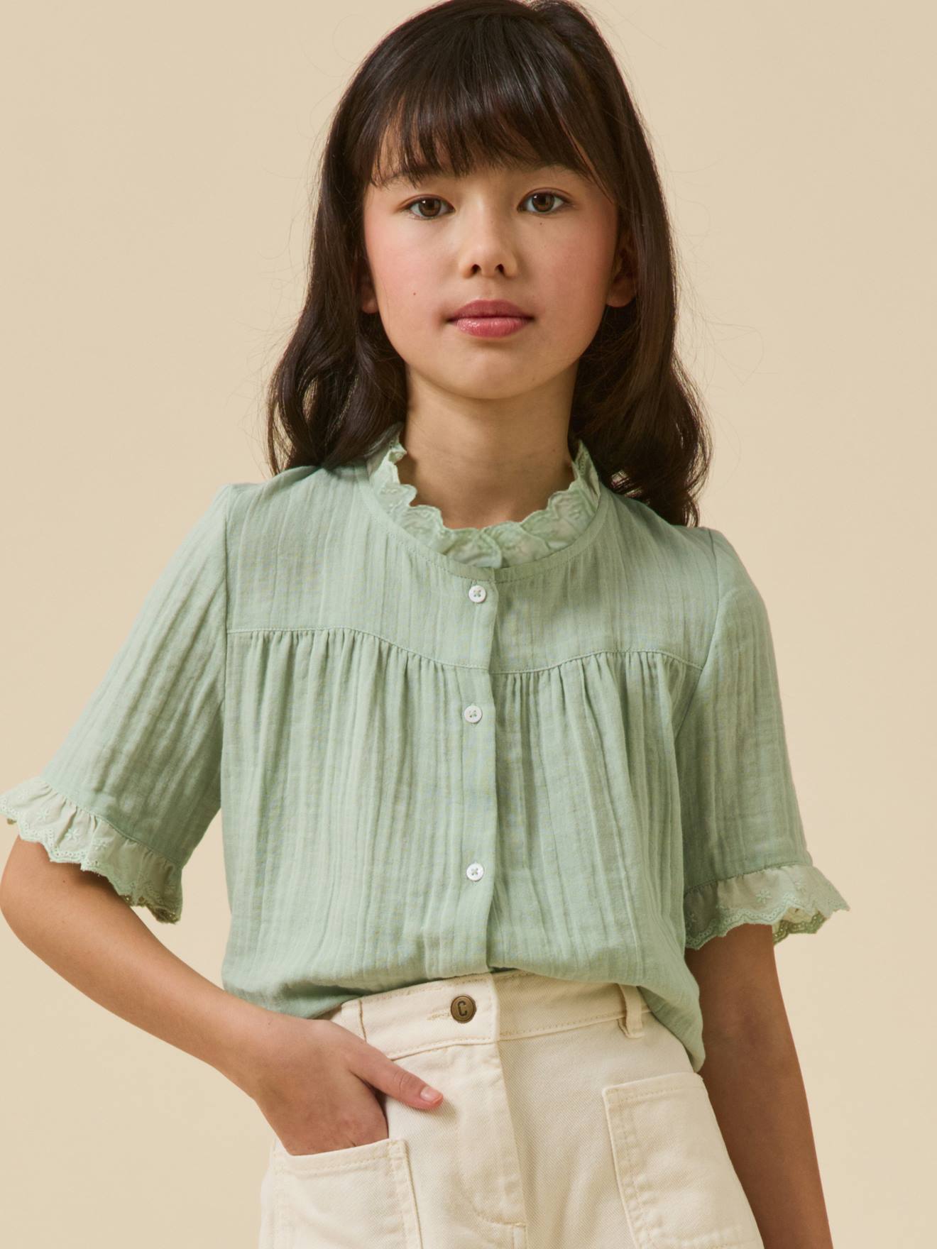 Blouse voor meisjes van gaas - biologisch katoen CYRILLUS saliegroen