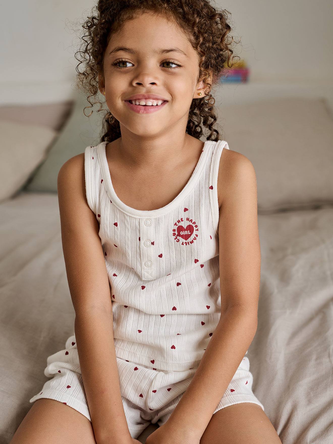 Meisjes pyjamashort top met bretels katoen ecru